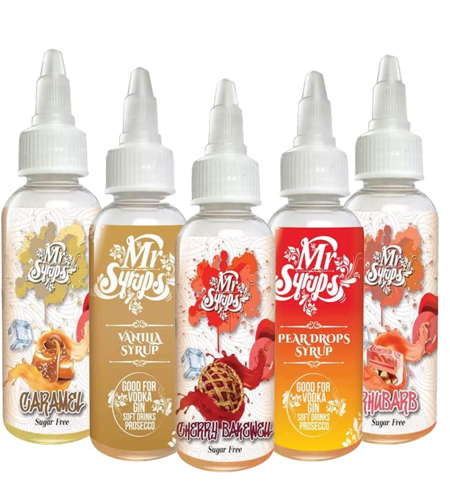 Mr Syrups Caramel Vanilla Cherry Bakewell Pear Drops Rhubarb Combo Pack of 5 Flavoured Syrup - 60ml Bottle Flavoured Sugar Free syrup for Coffee Cocktails Mocktails Iced Tea Milkshakes & Baking - Buy Online on GoSupps.com