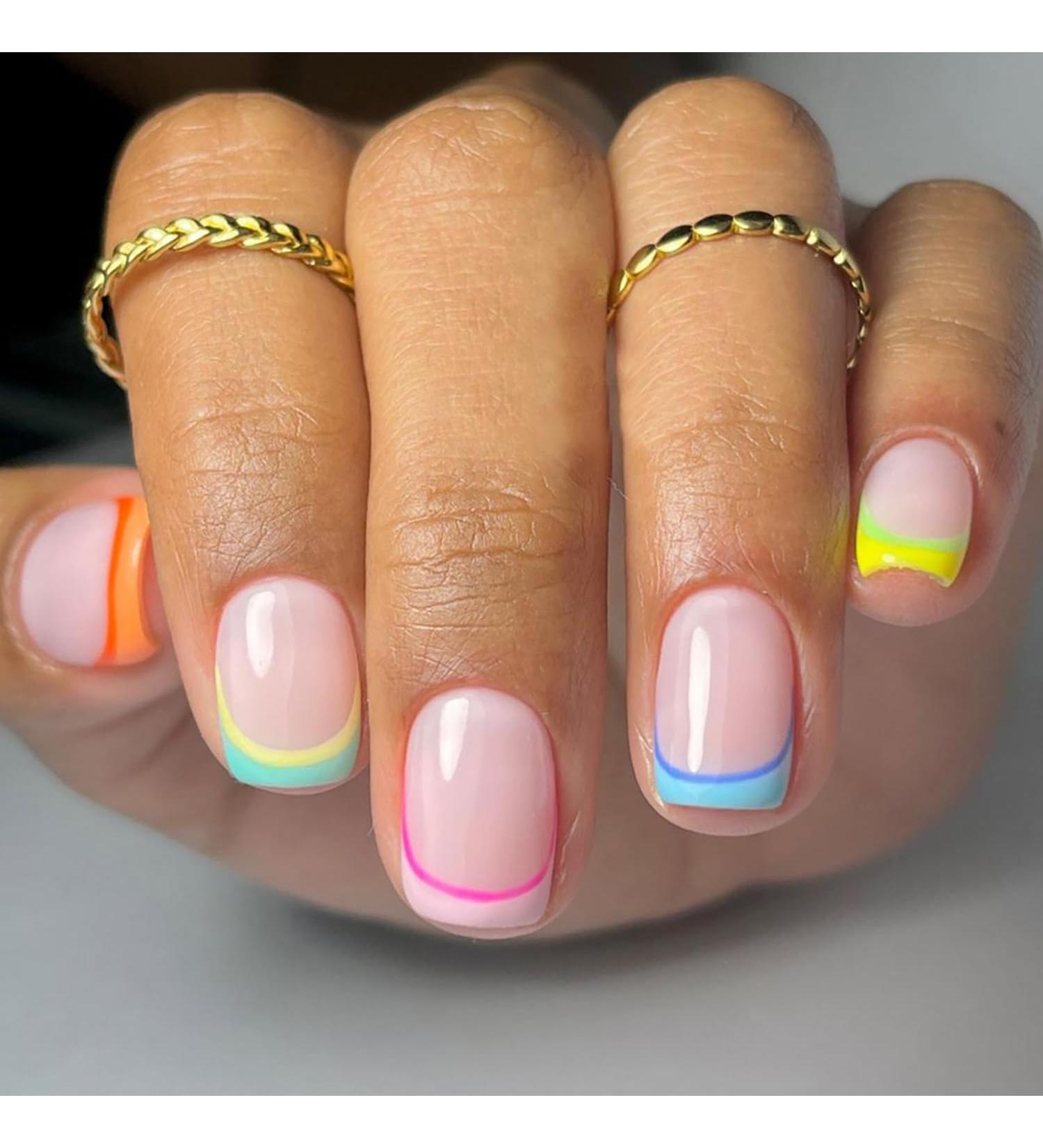 French Tip Press-On Nails - Square Short False Nails with Double Line Colour Tips | Rainbow Acrylic Squoval Design - DIY Full Cover Manicure for Women & Girls - Buy Online on GoSupps.com