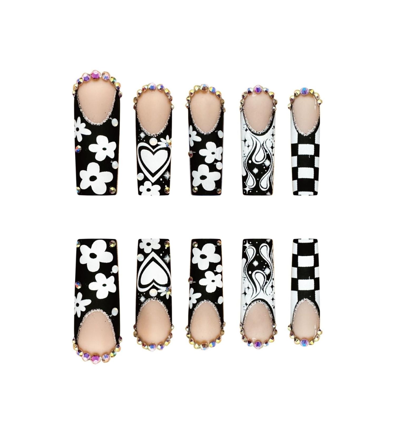 Nail art patches beautiful and fashionable nail patches finger decorations beauty and decorative supplies black and white starburst French rectangular fake nails colored diamond heart flame plaid Zj-03 - Buy Online on GoSupps.com