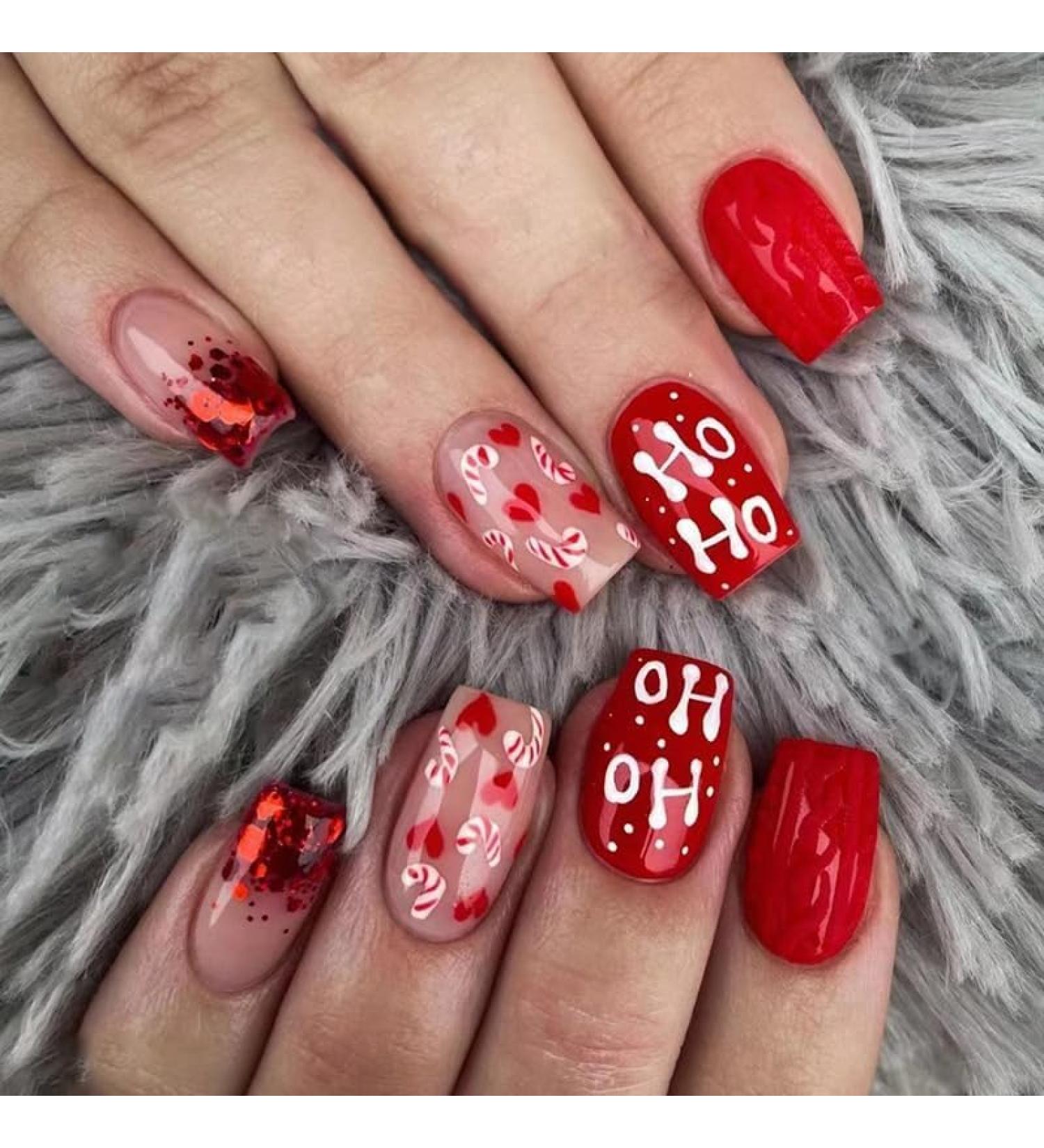 SINLOV Christmas Love Heart Fake Nails Long Sequin French Square False Nails Glossy Press on Nails Ballerina Acrylic Full Cover Fake Nail for Women and Girls - Buy Online on GoSupps.com