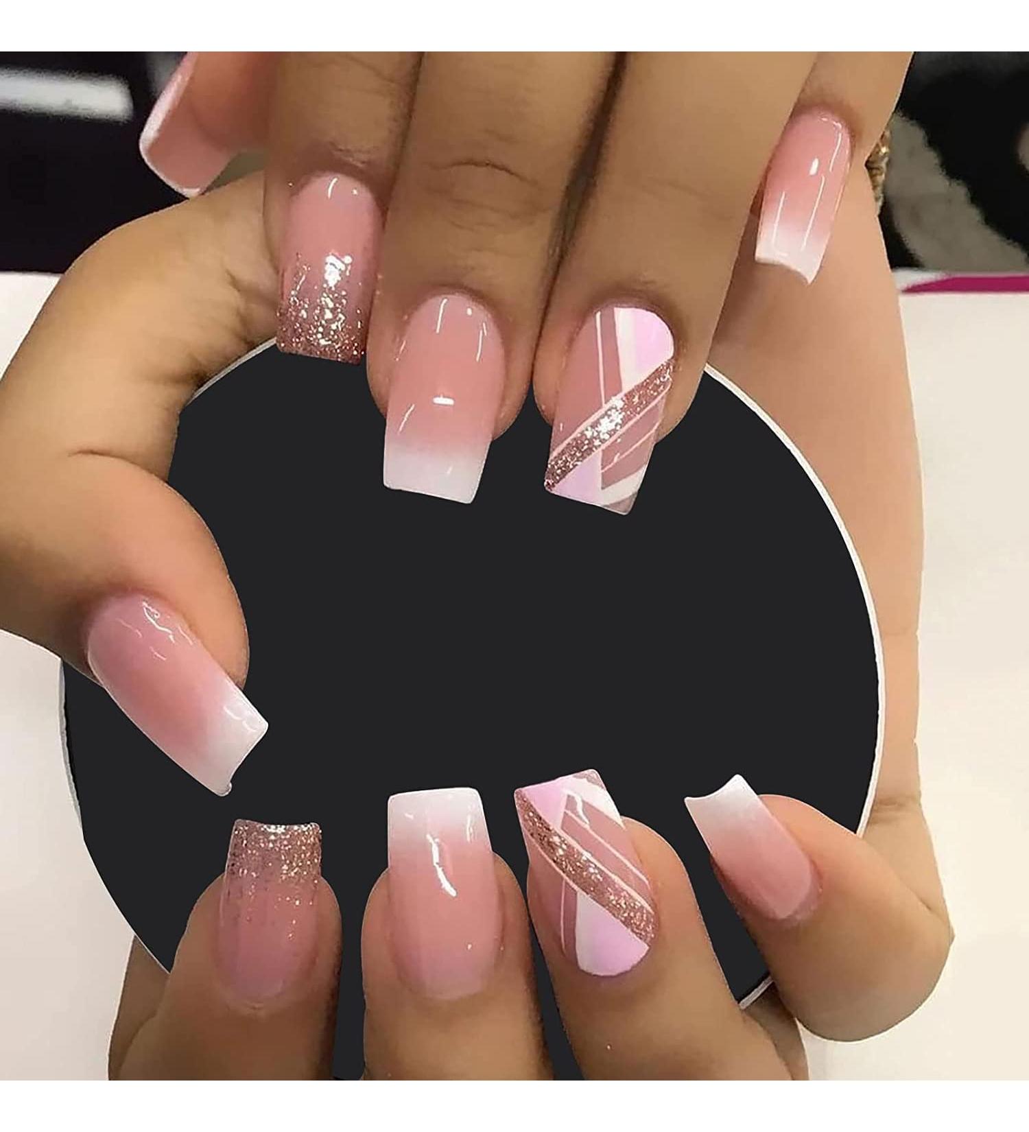 24Pcs Short French Pink Gradient Coffin False Nails with Glitter Sequins Design - Full Cover Acrylic Press on Nails for Women and Girls - Buy Online on GoSupps.com
