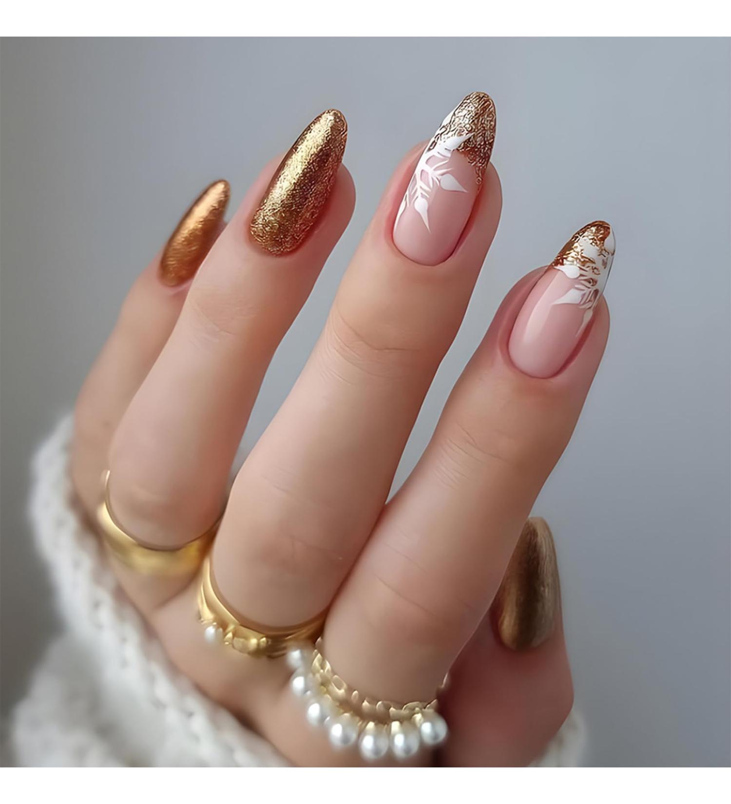 Press on Nails - 24 Pcs Full Cover Artificial Wearable Nail - False Nails Art with Smile Face Flower Designs - Sweet & Cool Fake Nails for Women Girls (Glitter Gold Snow Design)