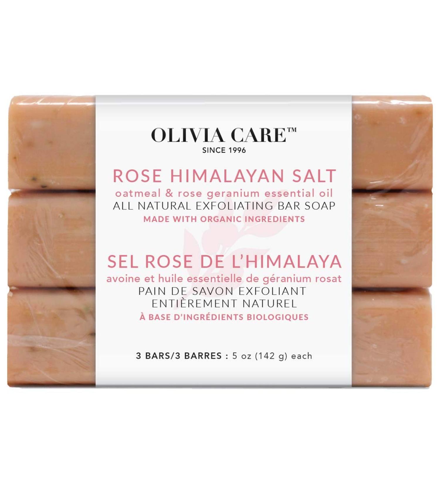 Olivia Care Exfoliating Bar Soap with Rose Himalayan Salt - Natural & Organic - Infused with Oatmeal & Rose Geranium Oil - Hydrating & Detoxifying - 3 Pack, 5 oz each - Buy Online on GoSupps.com