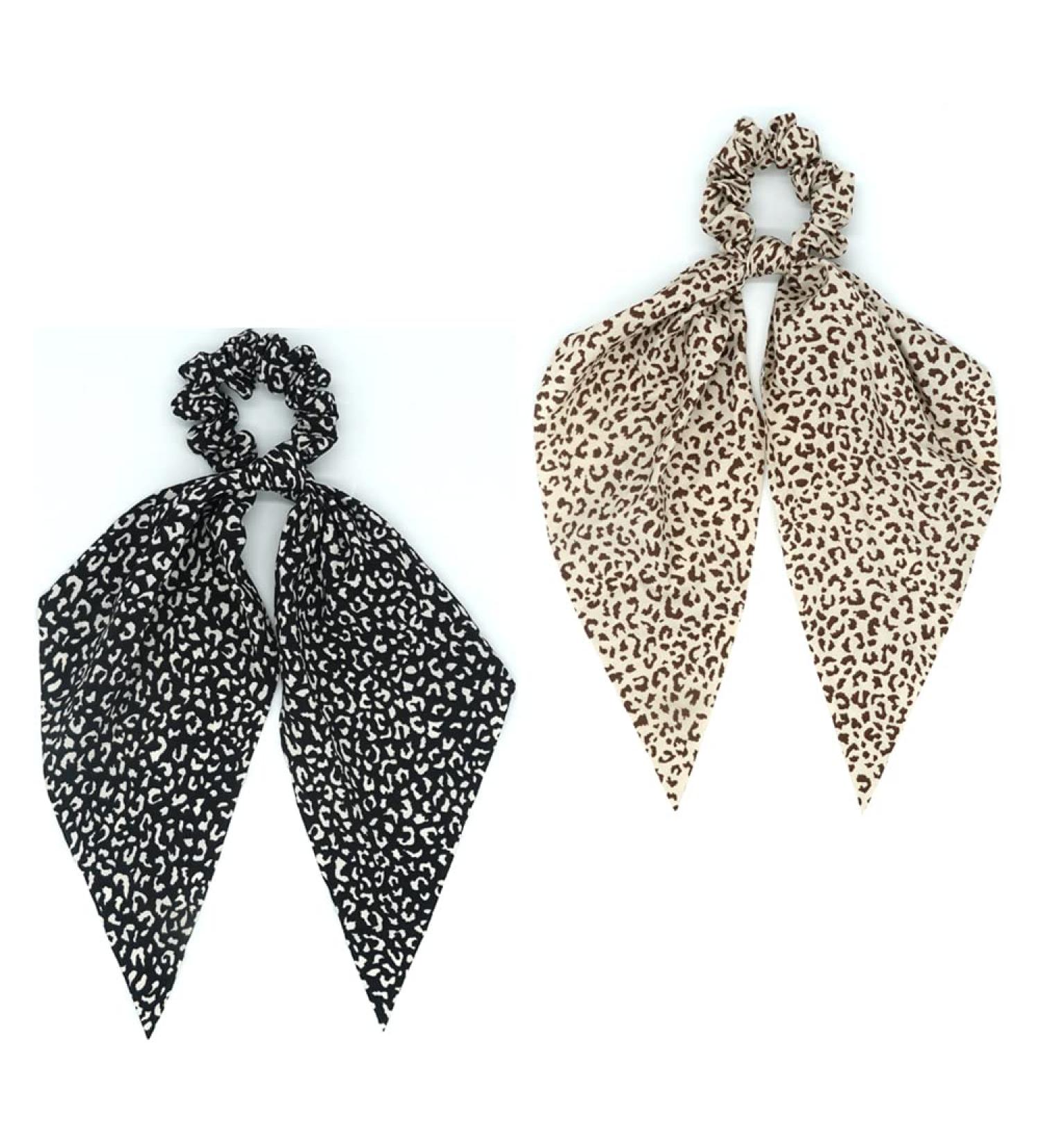 Cheetah Print Bow Scrunchie Set for Women - Black/Brown/White 2pcs | Elastic Hair Scarf Ties with Bunny Ear Bands in Leopard Pattern - Style 1 - Buy Online on GoSupps.com