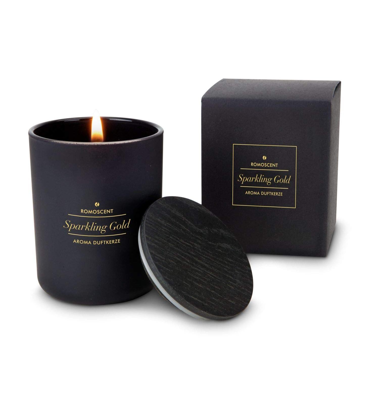 Romans Wellness Gift: Romoscent Aroma Ore Sparkling Gold Candle - Elegant Black Glass & Wooden Lid - Perfect for Indoor & Outdoor Use (6x6x8 cm) - Buy Online on GoSupps.com
