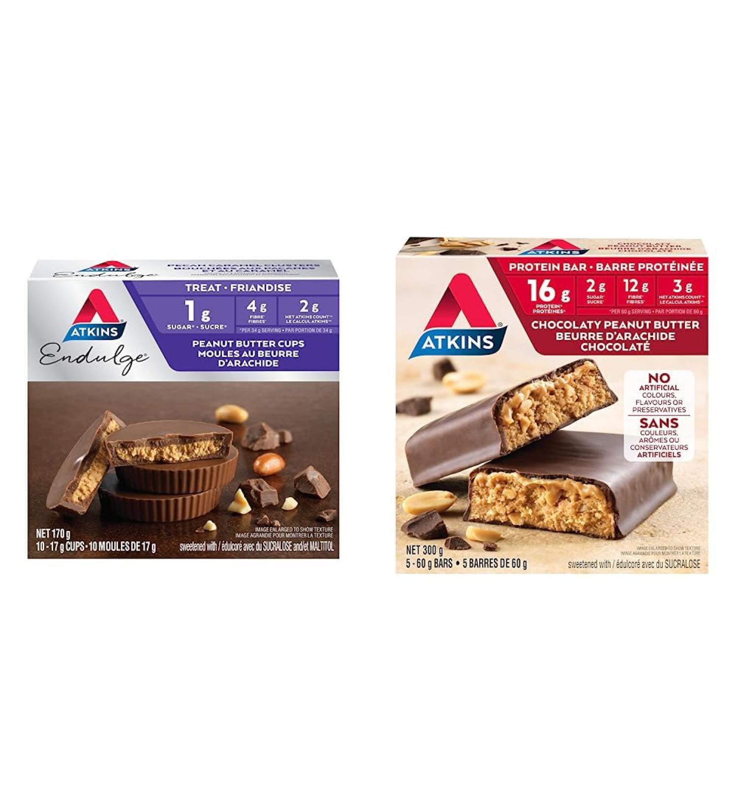 Atkins Endulge Treats Peanut Butter Cups Low Sugar Keto Friendly High Fibre 1g Sugar 2g Carbs 10ct & Protein Bars - Chocolaty Peanut Butter Low Sugar Keto Friendly High Protein High Fibre Peanut Butter Cups Endulge Treats+ Protein Bars - Buy Online on GoSupps.com
