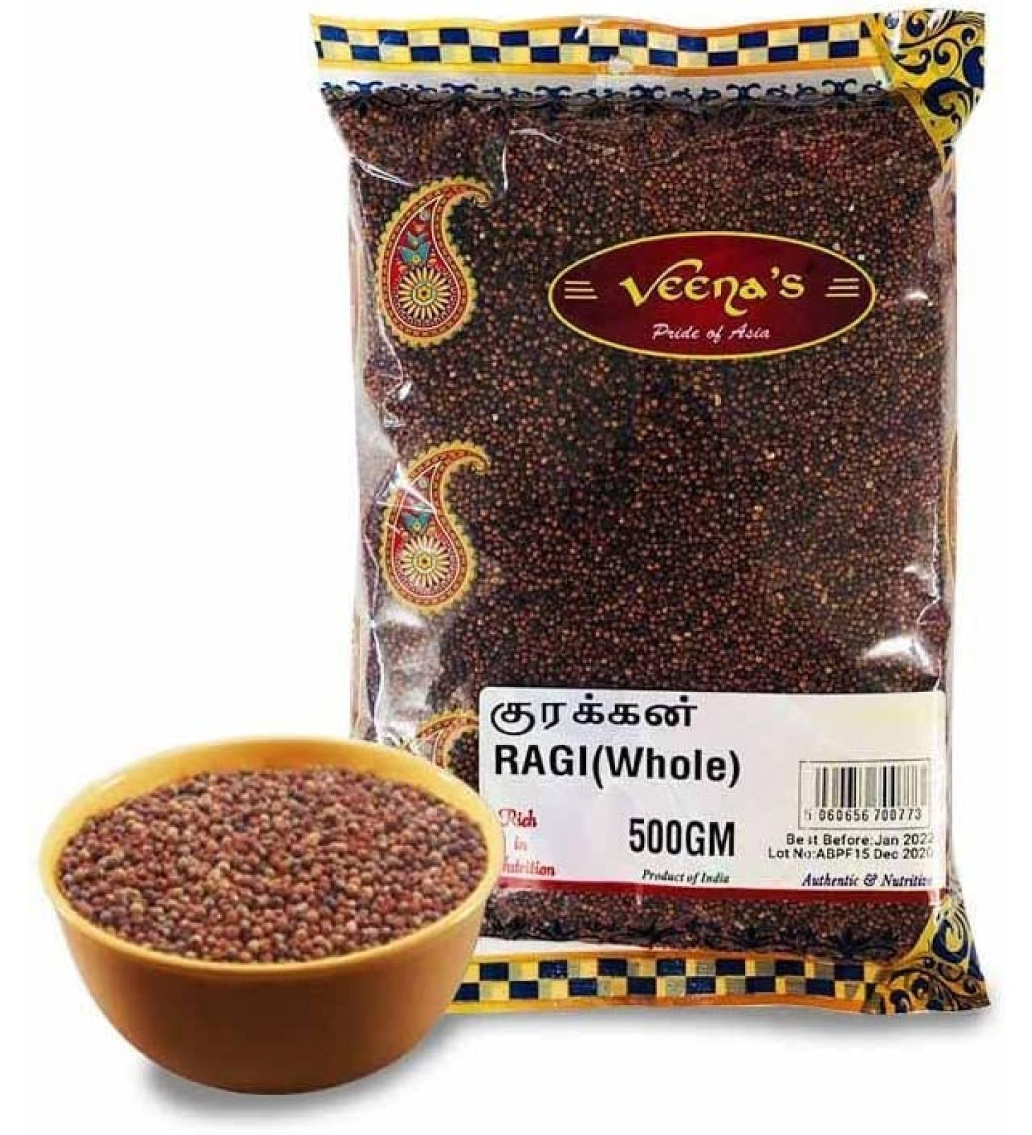 Veenas Ragi Whole 500G - Whole Grain Kelvaragu, High Fibre & Protein - Indian Origin - Buy Online on GoSupps.com
