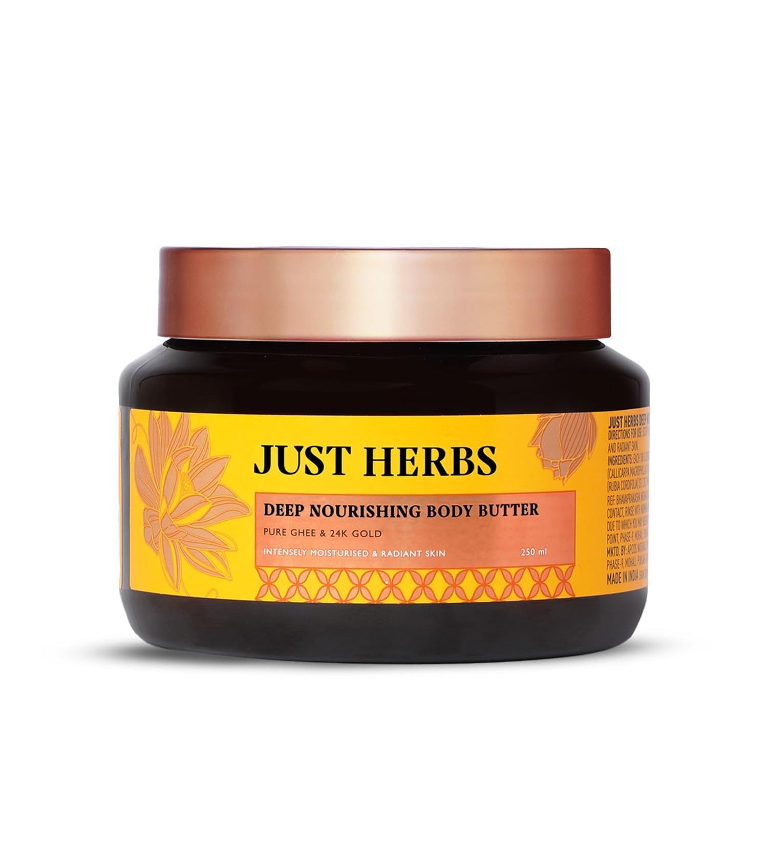 Just Herbs 24K Gold with Pure Ghee Deep Nourish Body Butter Cream for Anti Ageing | Improve Skin Elasticity | Reduce Dullness & Blemishes - Buy Online on GoSupps.com