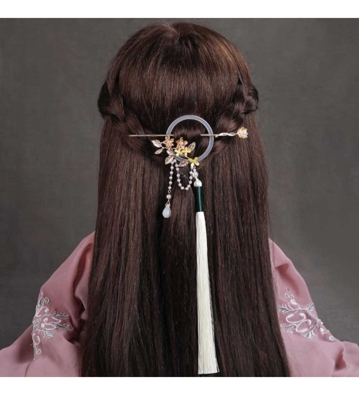 chinese hair pin Hair Stick Chinese Style Long Tassel Hair Stick Retro Hanfu Butterfly Metal Glaze Hair Fork Hair Chopsticks Antique Pearl Tassel Headdress One Color