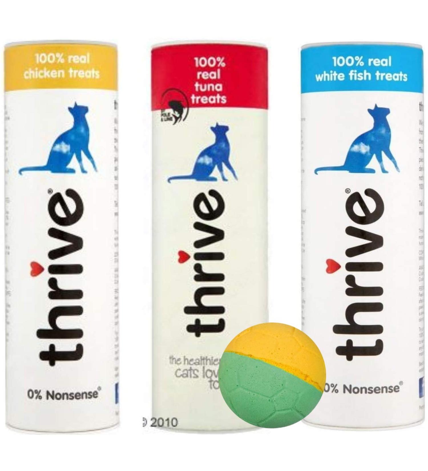 thrive 100% Real Cat Treats - Pack of 3 (Tuna and Chicken and White Fish) and free toy ball - Buy Online on GoSupps.com