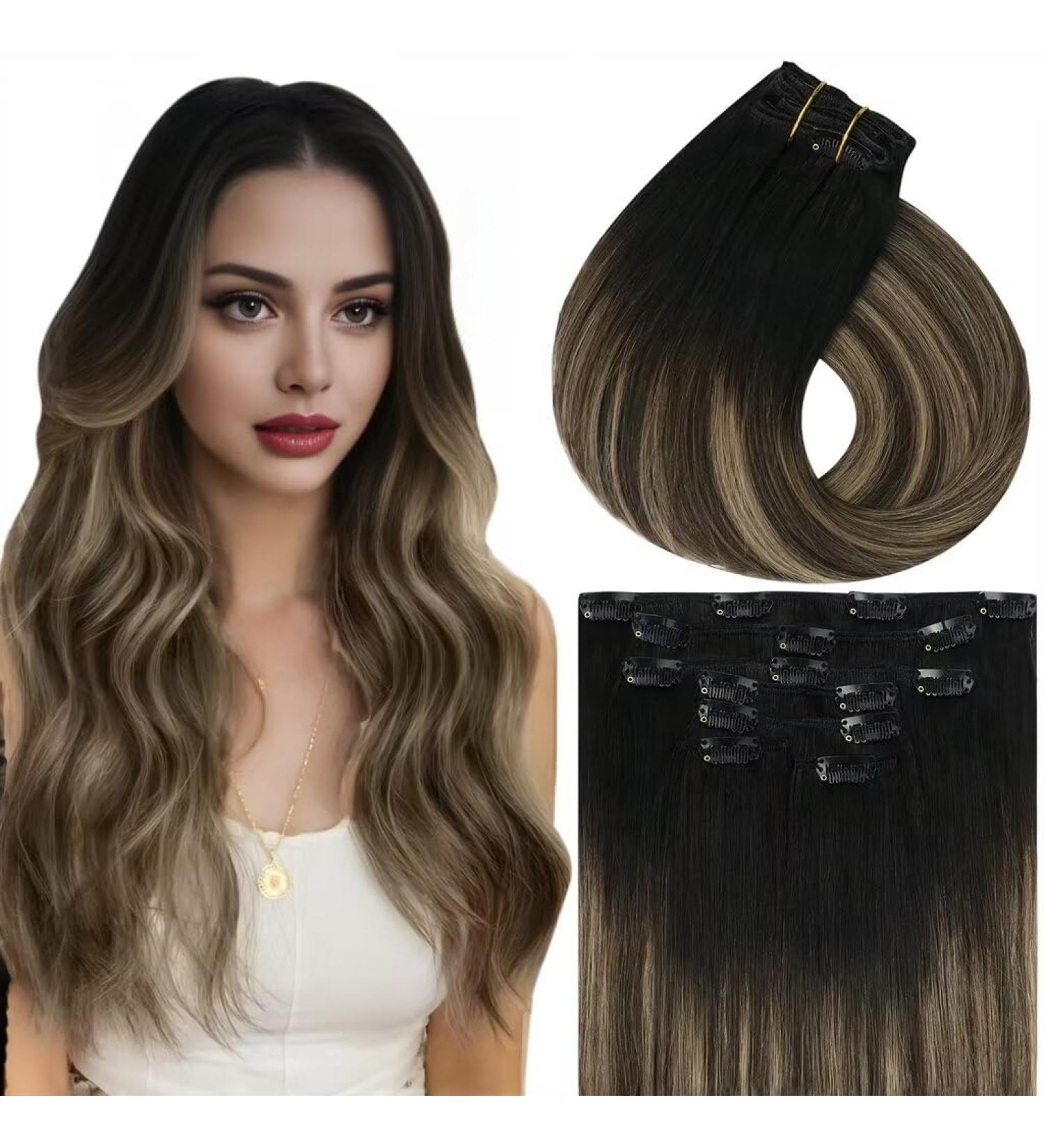 Vivien Remy Clip-In Hair Extensions - Balayage #1B/4/18 24 Inch 135g Real Human Hair - Black to Dark Brown with Ash Blonde - Buy Online on GoSupps.com
