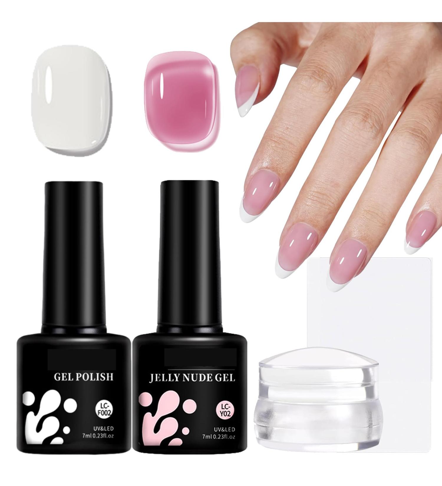 Gel Nail Polish Set for French Tips French Manicure Nail Polish White & Jelly Pink Nail Polish with Stamping Tool Soak Off UV Gel Nail Polish Kit for Starter DIY Home French Nail Tips Design - Buy Online on GoSupps.com