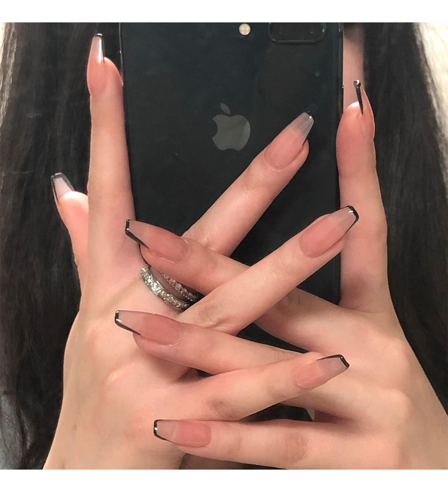 24pcs Press On Nails Medium False Nail Natural Fake Nail with Nail Glue and Adhesive Taps Faux Ongles Coffin Nude Black French Style Smile Lines - Buy Online on GoSupps.com