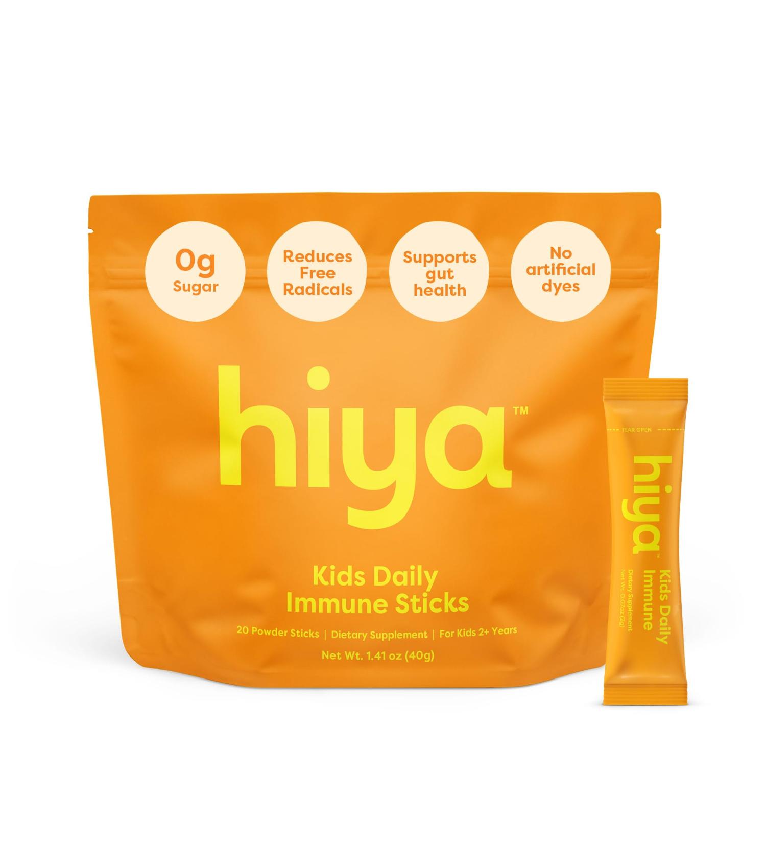 Hiya Kids Immune Support Vitamin C, Elderberry & Beta Glucans for Ages 2+, Delicious Orange Flavor, 0g Sugar 20 Stick Packs for Toddlers & Kids - Buy Online on GoSupps.com