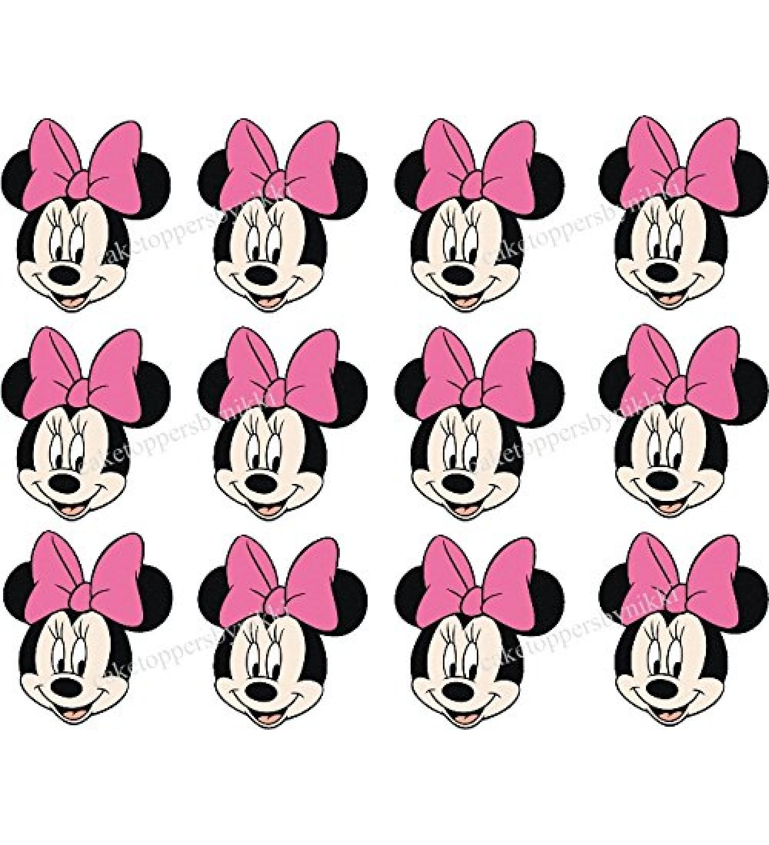 12 Edible Pink Bow Minnie Mouse Faces Girls Uncut Icing Cake Cupcake Topper