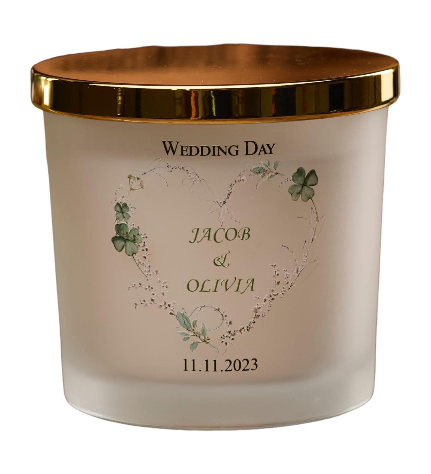 Personalised Large Double Wick Wedding Candle Gift with Green Clover Heart (White Musk and Vanilla) - Buy Online on GoSupps.com