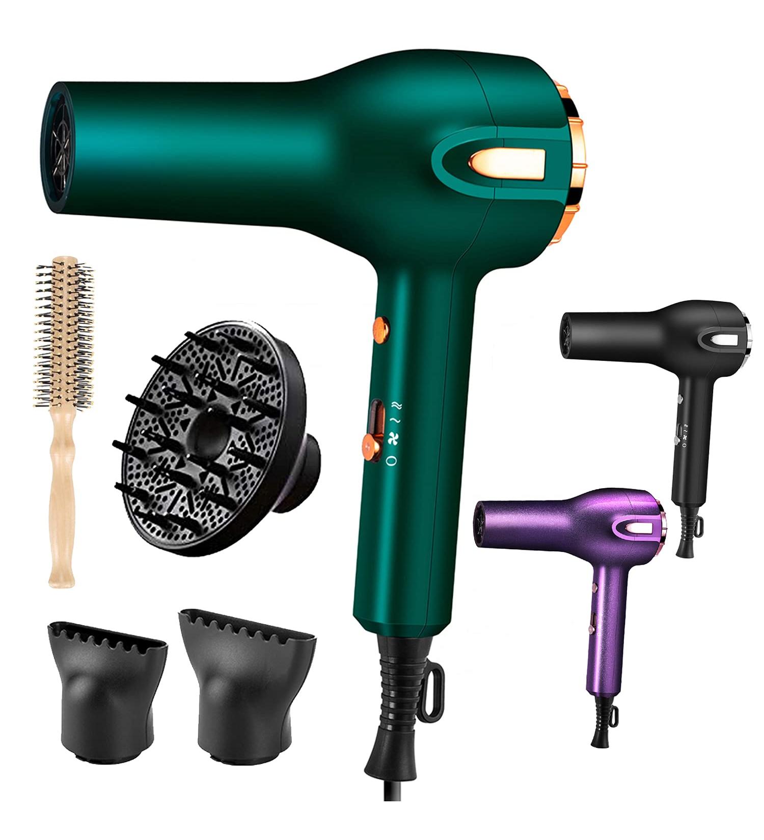 Professional Ionic Hair Dryer with Diffuser - Fast Drying, 3 Heat/2 Speed Settings, Cool Shot Button - Green - Buy Online on GoSupps.com