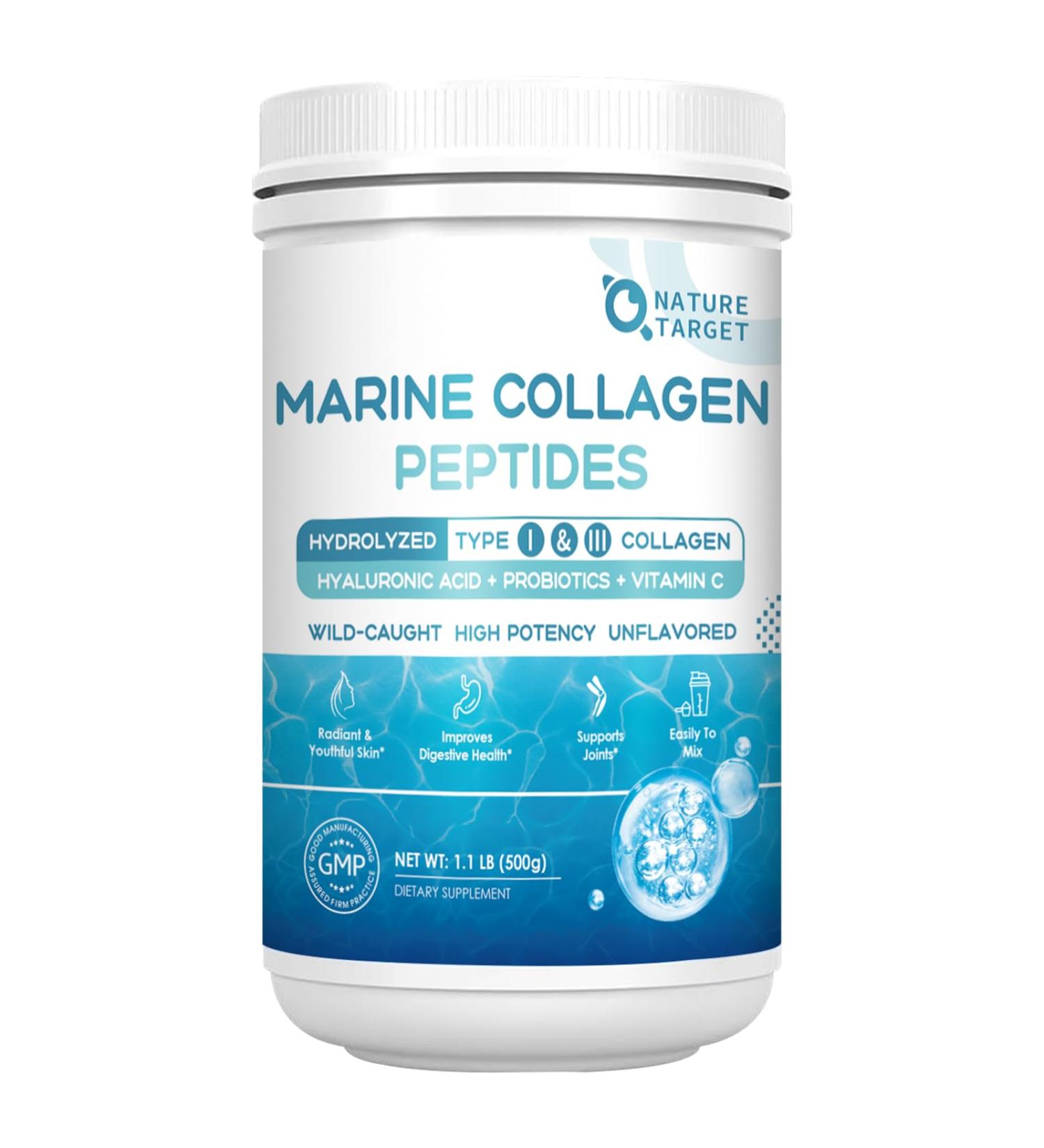 NATURE TARGET Marine Collagen Powder for Women - Multi Collagen Peptides with Hyaluronic Acid & Vitamin C for Hair Skin Nails & Joints - Wild-Caught Fish & Grass-Fed Bovine 50 Servings 1.1 Pound (Pack of 1) - Buy Online on GoSupps.com