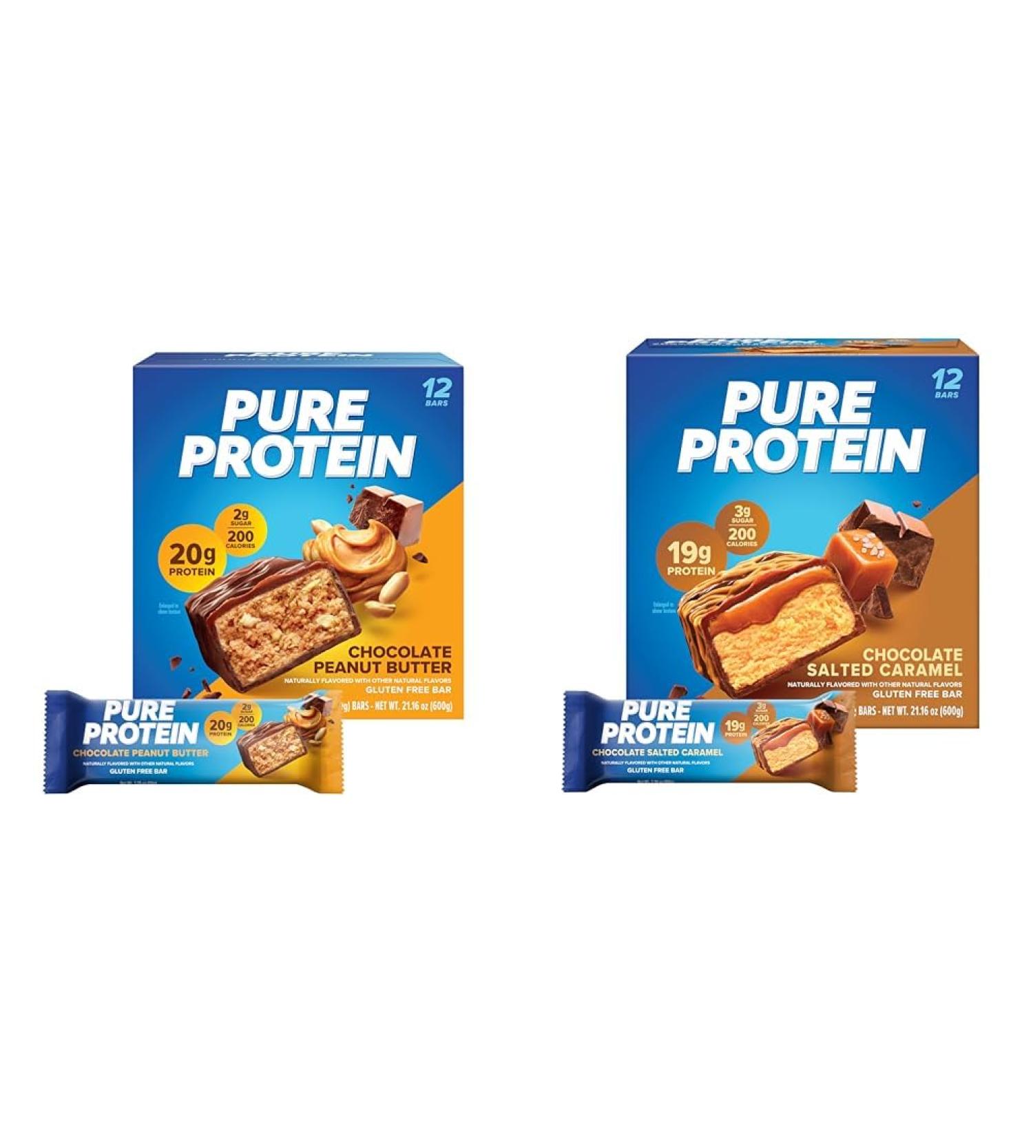 Pure Protein Chocolate Peanut Butter & Chocolate Salted Caramel Protein Bars High Protein Nutritious Snacks Gluten Free 1.76oz 12 Count