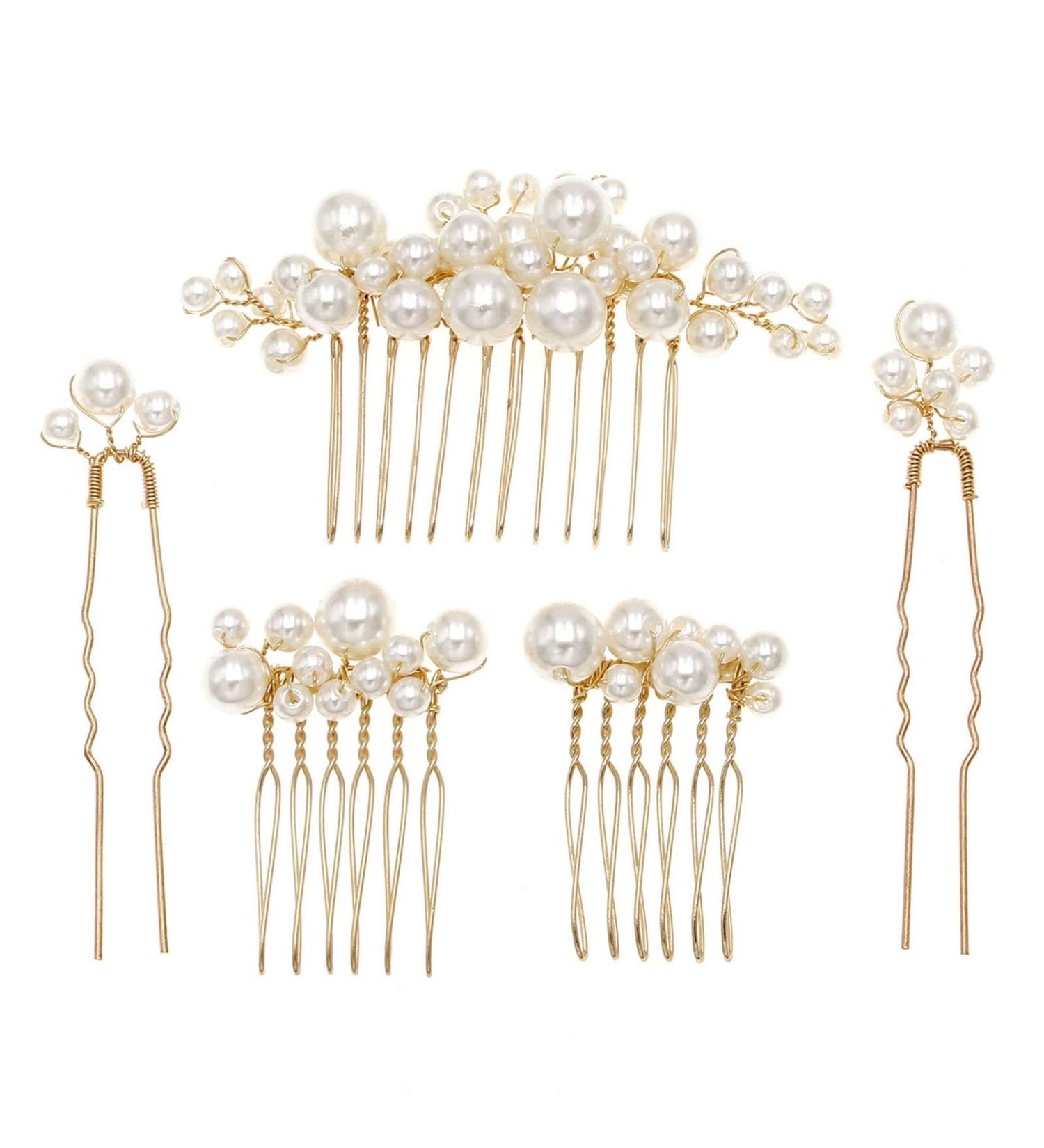 Elegant Set of 5 Gold Wedding Pearl Hair Combs - Bridal Women's Accessories - Buy Online on GoSupps.com