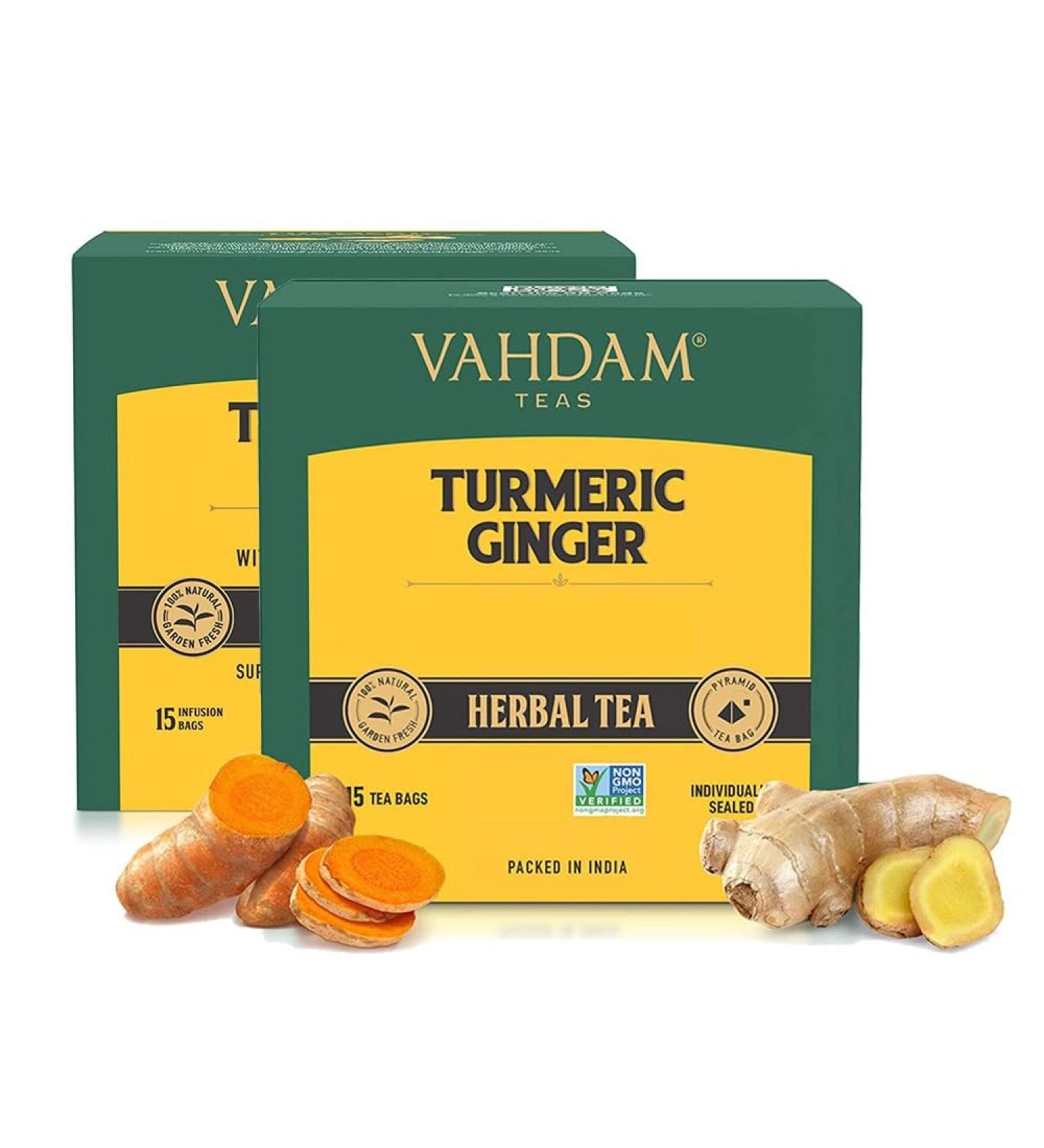 Vahdam Turmeric Ginger Herbal Tea Bags - Caffeine-Free 30 Count | Kurkuma & Fresh Spices | Brew Hot Iced or Kombucha | Authentic Indian Blend - Buy Online on GoSupps.com