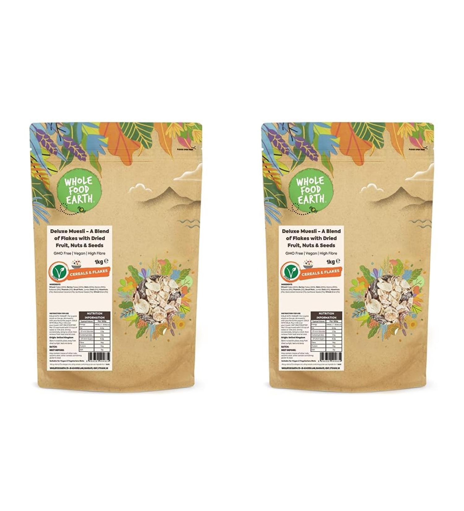 Wholefood Earth - Deluxe Muesli - A Blend of Flakes with Dried Fruit Nuts and Seeds 1 kg | GMO Free | Vegan | High Fibre (Pack of 2) Fruit 1kg (Pack of 2) - Buy Online on GoSupps.com