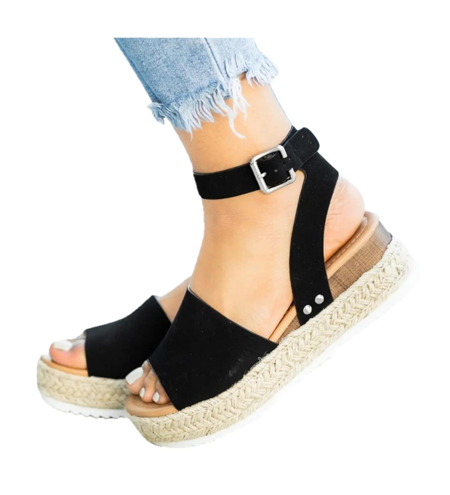 Ladmiple Women's Wedge Sandals - Dressy Comfy Slip-On Ankle Buckle Sandals | Open Toe Platform for Summer Beach - Size 9, Black - Buy Online on GoSupps.com