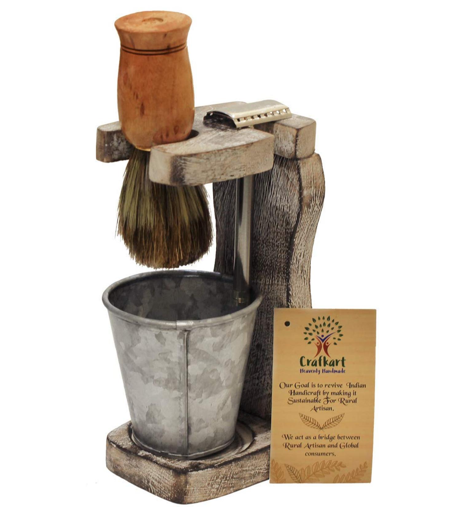 Wood Shaving Brush Razor Stand with Galvanized Soap Bowl - Handmade Shabby Chic Organizer Set for Men - Buy Online on GoSupps.com