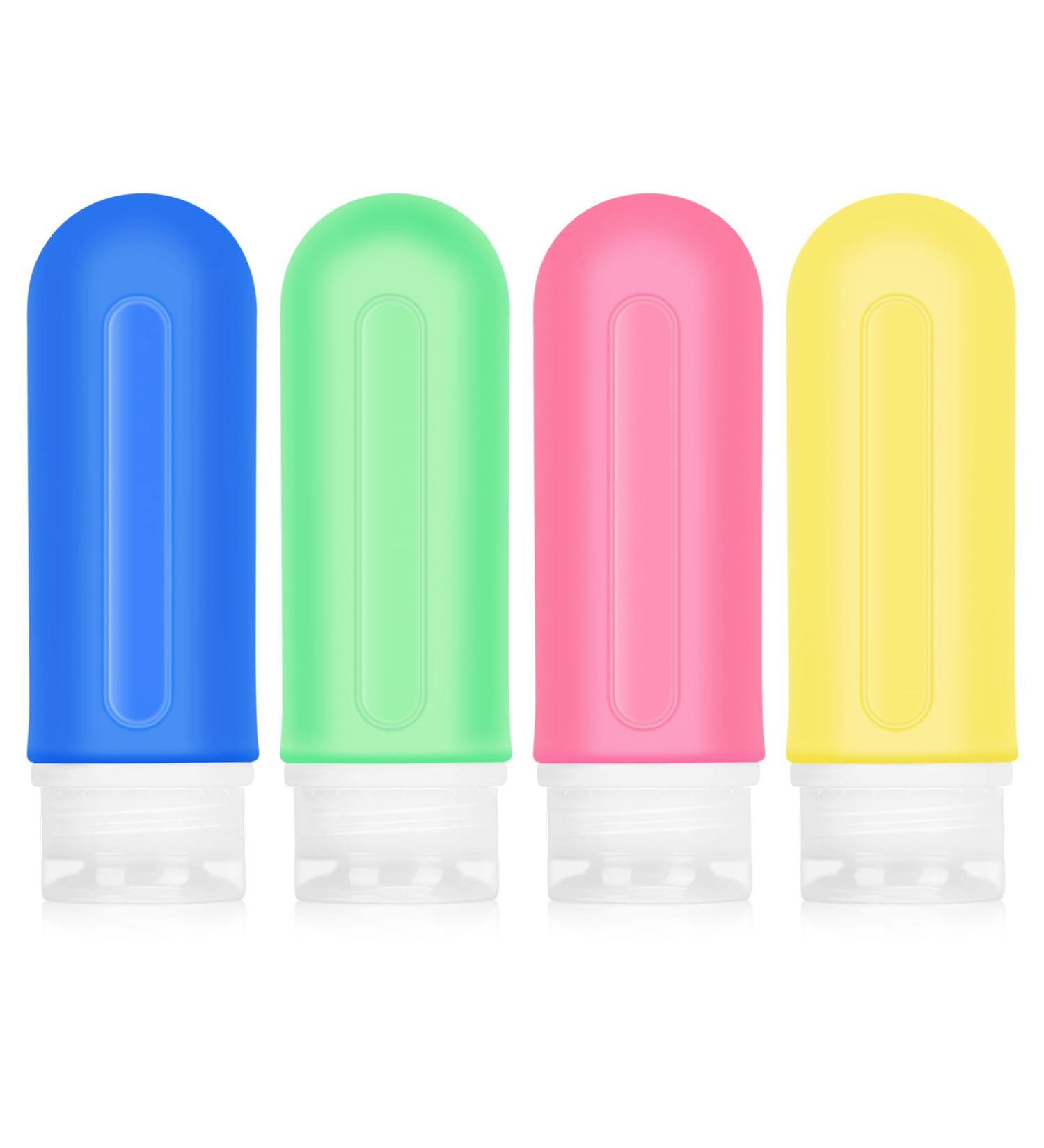 Skycase Travel Bottles for Toiletries - 4 PCS Leak Proof 3 oz Silicone Bags - Refillable Liquid Accessories for Shampoo & Conditioner - Yellow Blue Pink Green - Buy Online on GoSupps.com