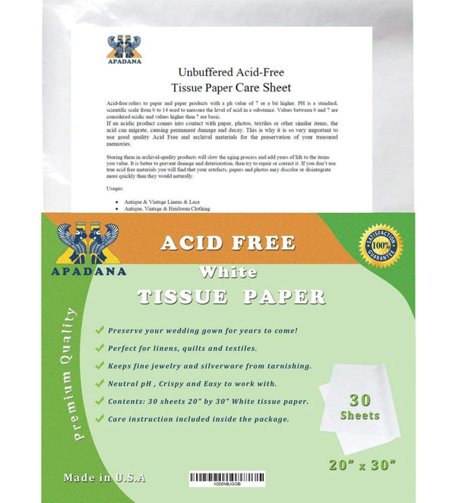 Apadana Acid Free Unbuffered White Tissue Paper 30 Sheets 20 X 30 Inches