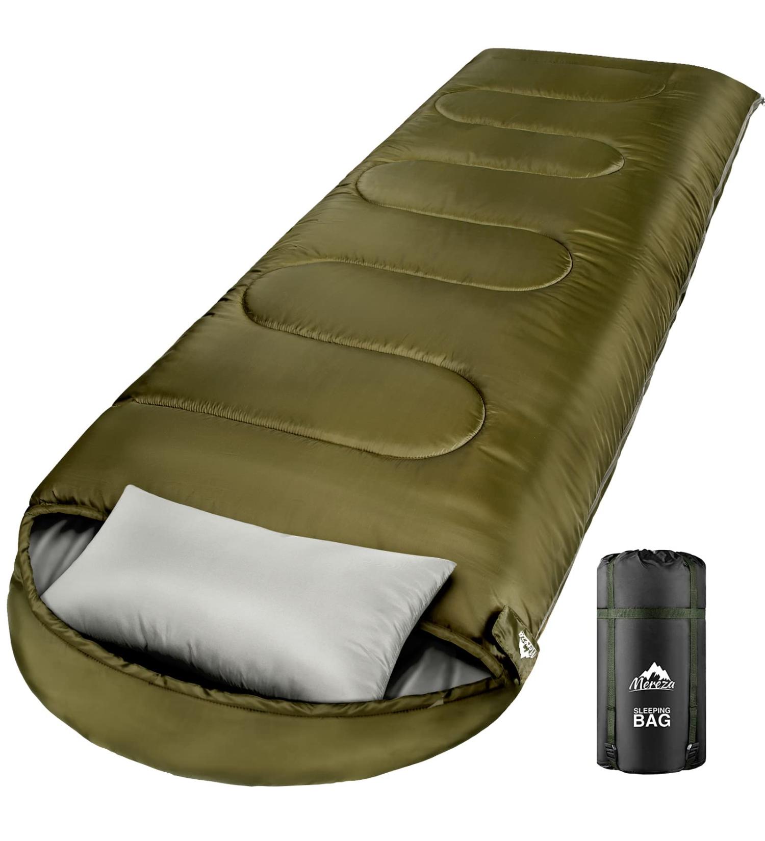 MEREZA XL Sleeping Bag with Pillow | All Season Camping & Hiking | 3-4 Seasons for Cold & Warm Weather | Army Green - Buy Online on GoSupps.com