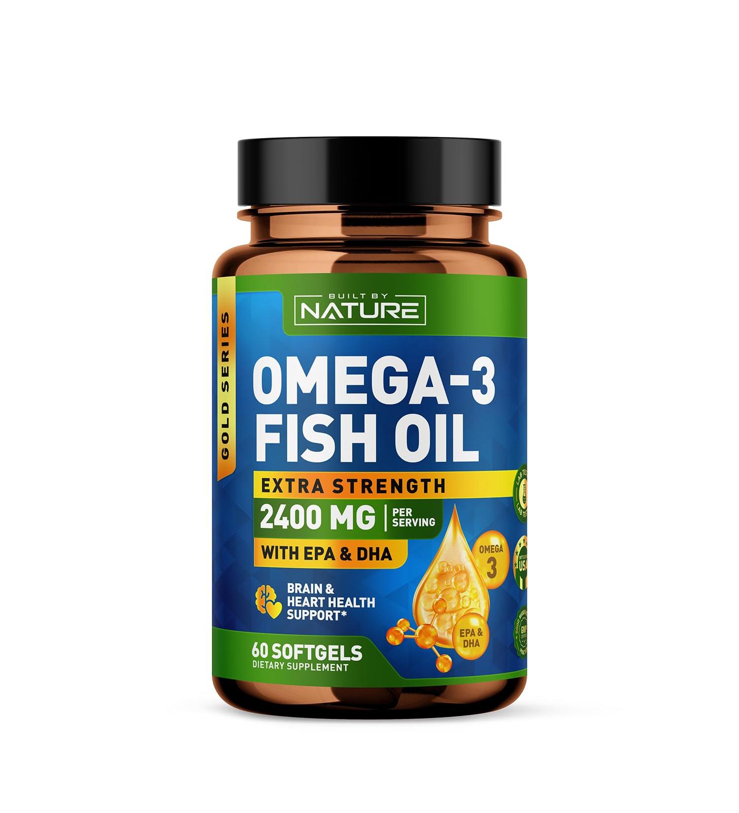 Built by Nature Omega 3 Fish Oil Soft Gels - 2400 mg Fish Oil 1440 mg Omega 3 864 mg EPA 576 mg DHA - Extra Strength Brain & Heart Health Support Supplement - 60 Softgels 60 Count (Pack of 1) - Buy Online on GoSupps.com