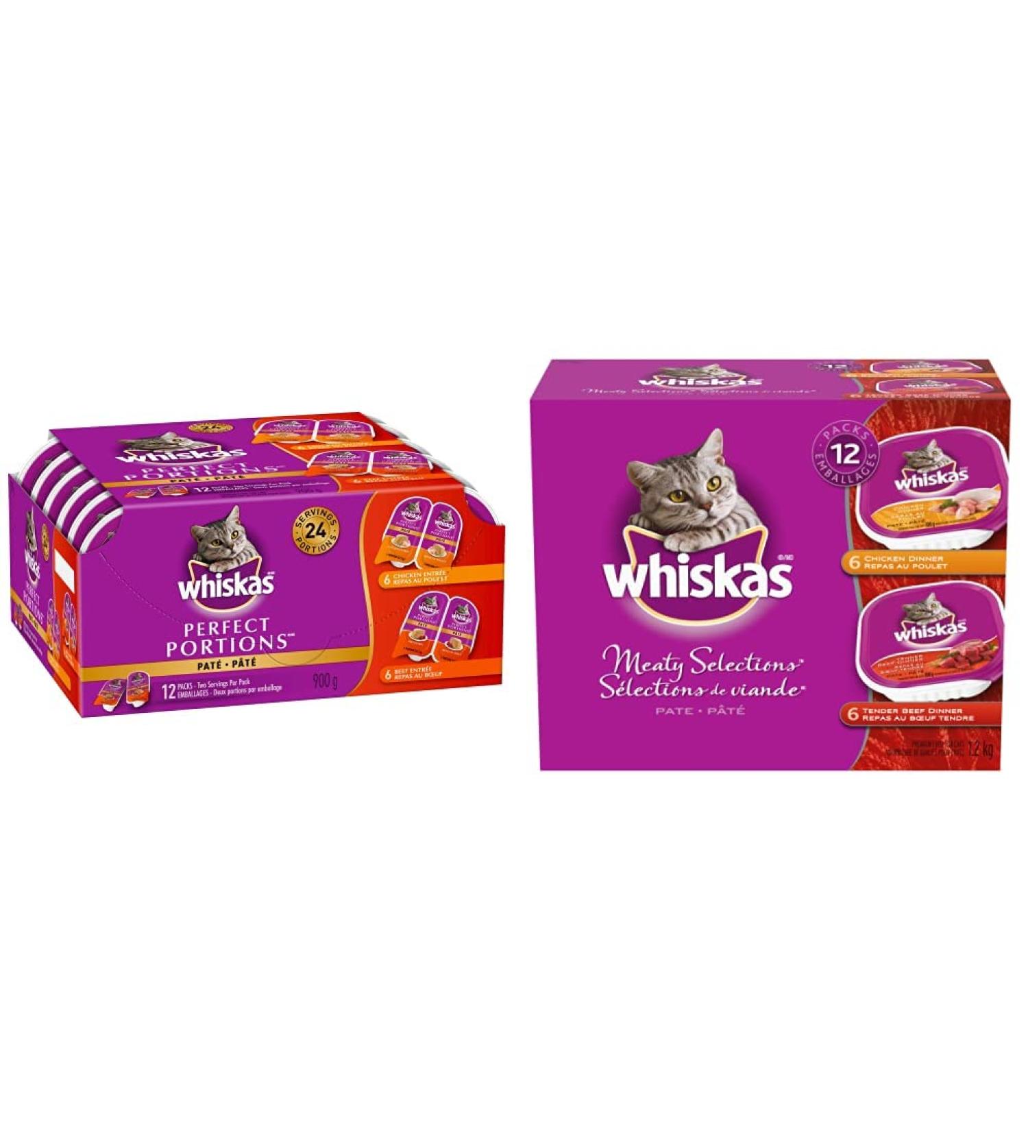 WHISKAS Perfect Portions Meaty Selections Adult Wet Cat Food Pat (12x75g + 12x100g Trays) Cat Food + Meaty Cat Food - Buy Online on GoSupps.com