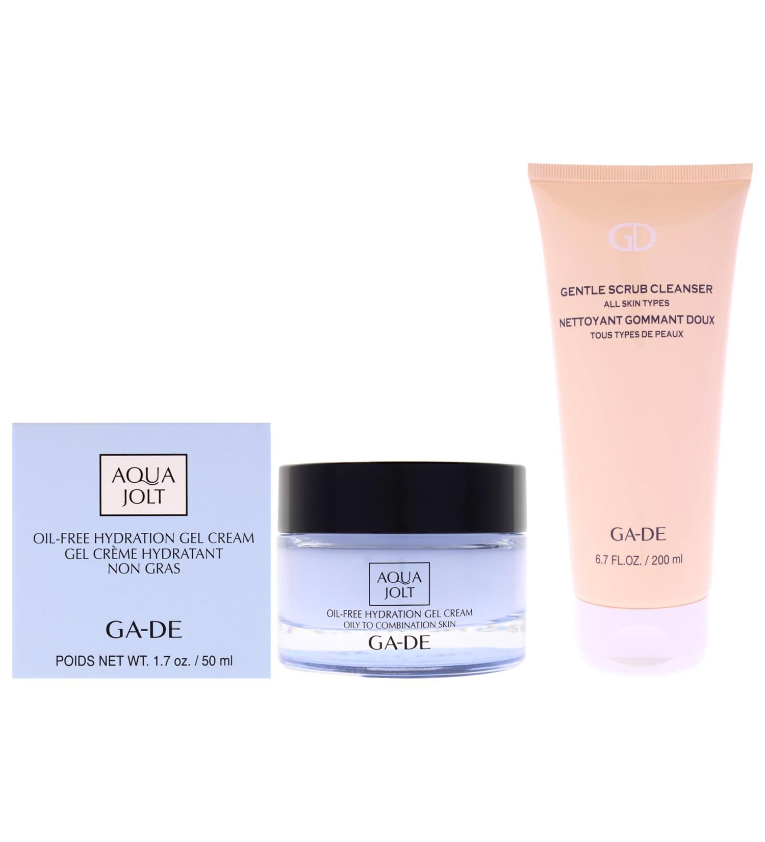 Gentle Scrub Cleanser with Aqua Jolt Cream Kit by GA-DE for Women - 2 Pc Kit 6.7oz Gentle Scrub Cleanser - All Skin Type 1.7oz Aqua Jolt Oil-Free Hydration Gel Cream - Oily to Combination Skin