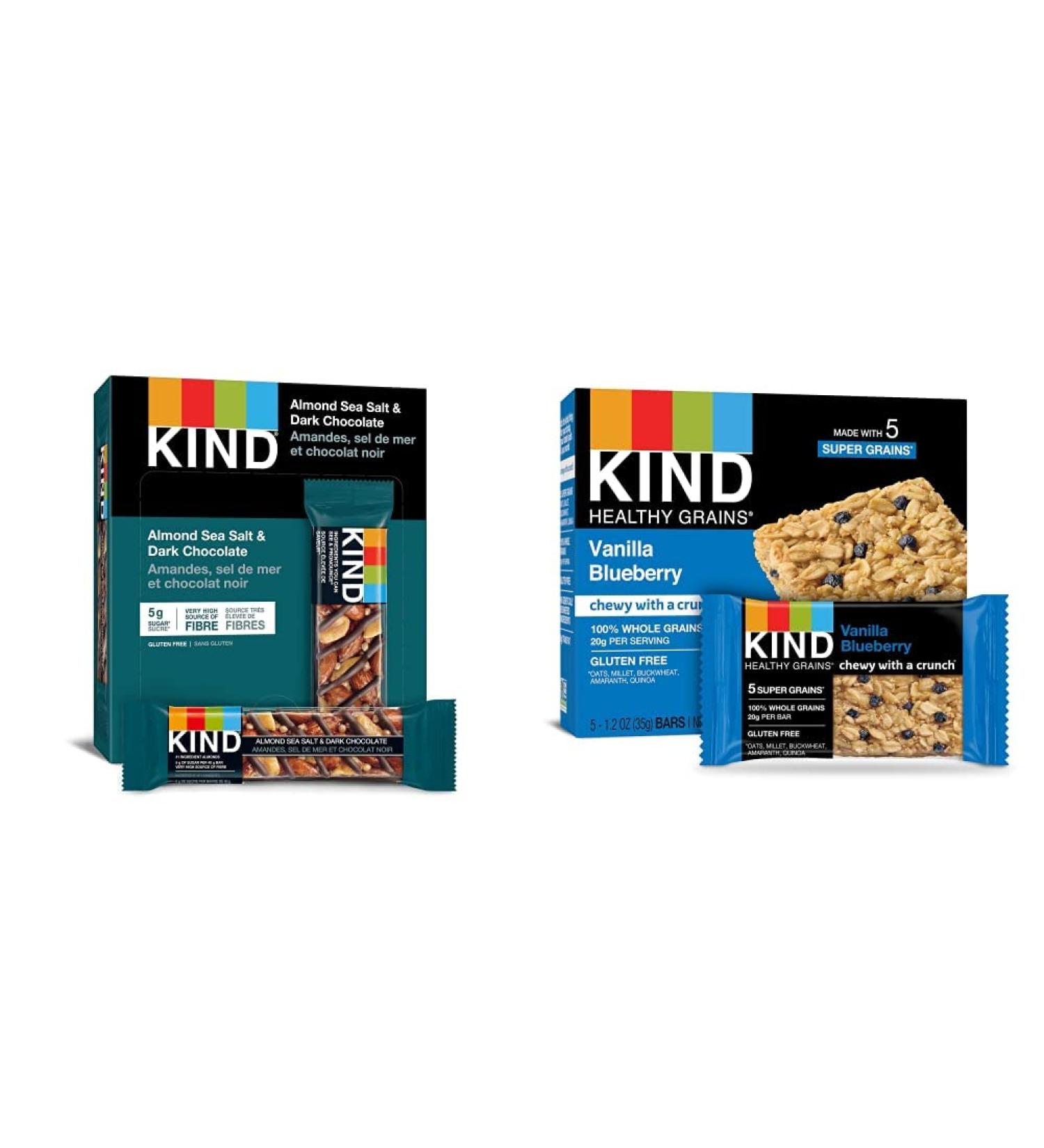 KIND Bars Dark Chocolate Nuts & Sea Salt Gluten Free Low Sugar 40 Grams 12 Count & Healthy Grains Bars Vanilla Blueberry Gluten Free 35 Grams 5 Count - Buy Online on GoSupps.com