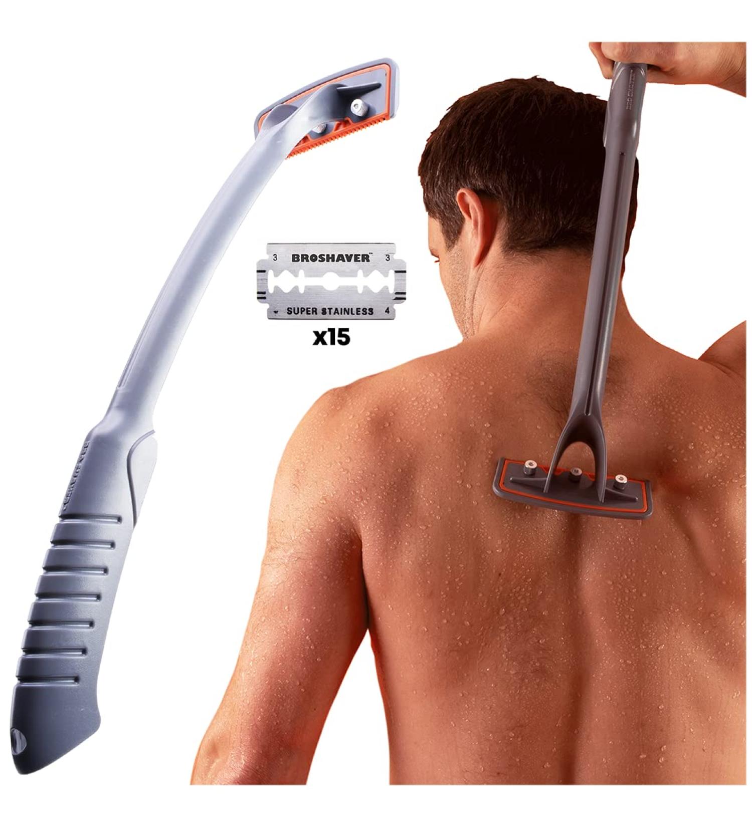 BRO SHAVER Back Shaver for Men - DIY Back & Body Hair Trimmer | Wet or Dry Shaving | Double Edge Razor Blades | 15 Blades Included - Buy Online on GoSupps.com