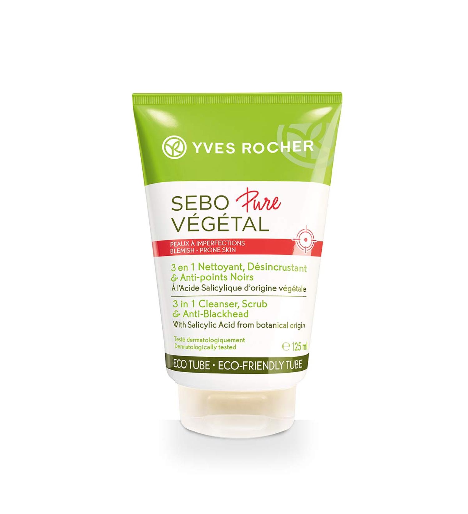 Yves Rocher Sebo Pure V g tal 3 in 1 Face Cleanser & Scrub with Salicylic Acid - Acne-Prone Skin Solution | 125ml - Buy Online on GoSupps.com