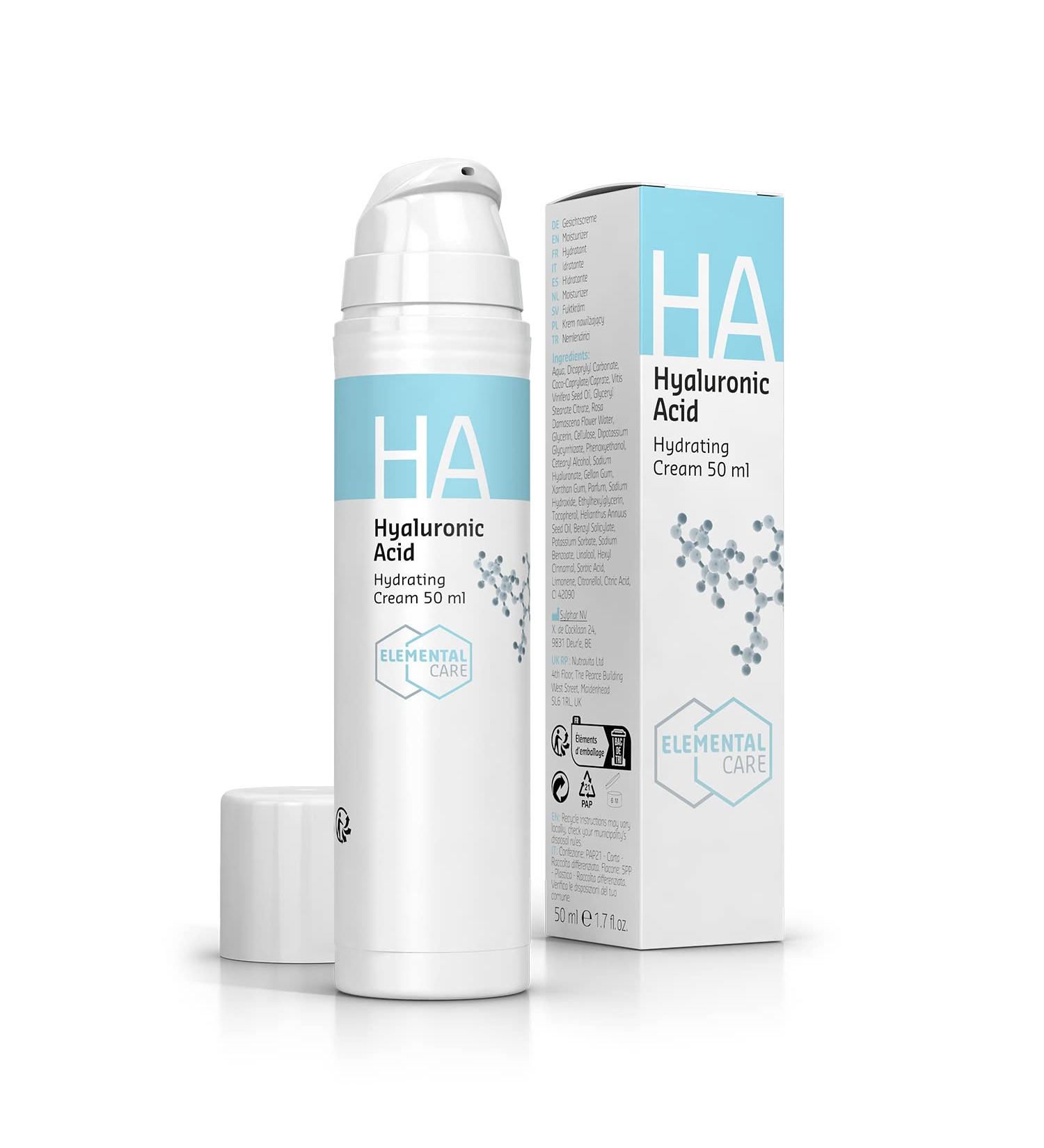 Elemental Care Hyaluronic Acid Hydrating Face Cream 50ml - Anti-Wrinkles and Moisturiser Face Care for Smoothed and Rejuvinated Skin - Day and Night cream Moisturiser 50ml - Buy Online on GoSupps.com