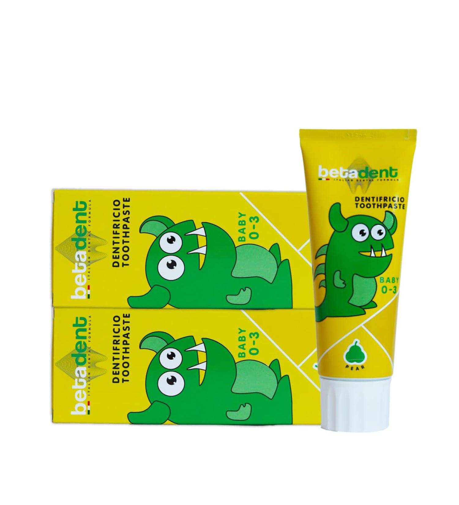  BETADENT Betadent 2 x Baby Toothpaste Kit for Children 0-3 Years Without Fluoride Pear Flavour Antiplaque Action Easy Teething Natural Formulation 2 x 75 ml - Buy Online on GoSupps.com