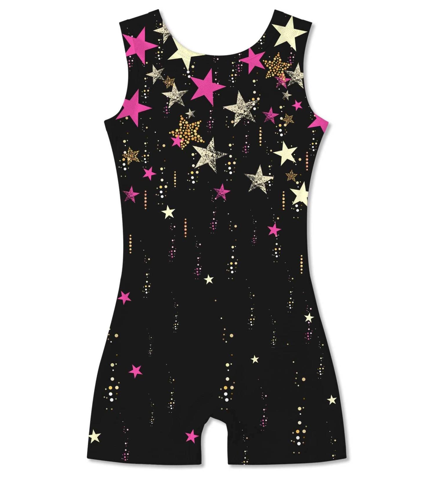 Idgreatim Little Girls Gymnastics Leotard with Shorts 3D Graphic Sparkly Dance Biketard Unitards for Kids 2-10 Years Black Star 2 5-6 Years