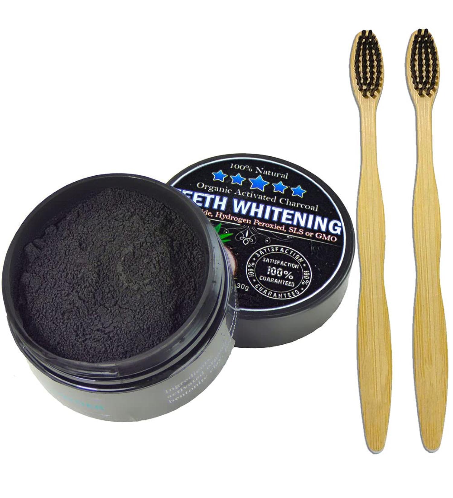 Natural Organic Charcoal Teeth Whitening Powder with Bamboo Toothpaste & 2 Toothbrushes - Freshens Breath, Removes Stains - Buy Online on GoSupps.com