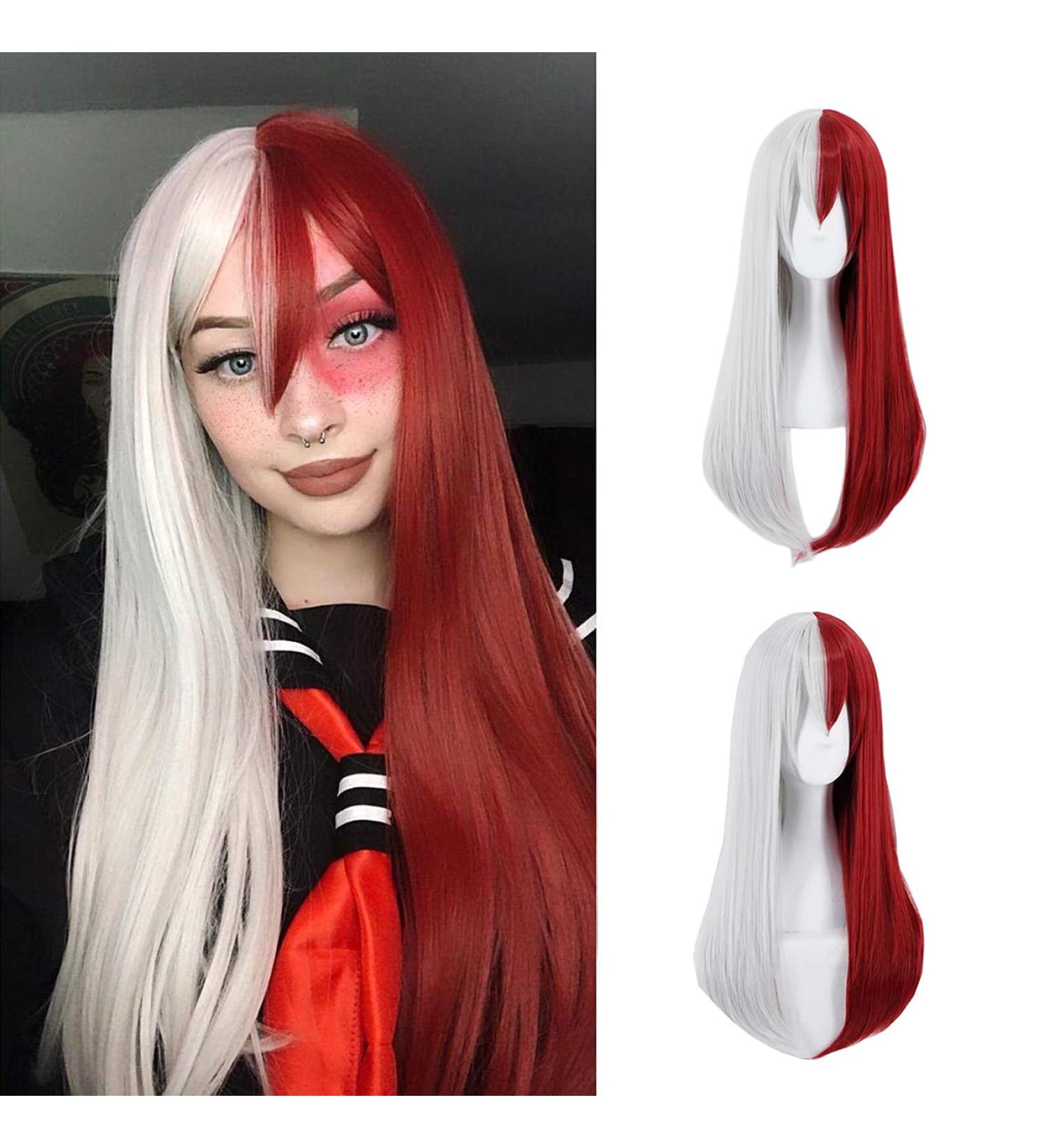 Lwiuentx MHA Cosplay Todoroki Shouto Long Wig | Half Silver White & Half Red | Free Wig Cap | Curly Anime Wig - Buy Online on GoSupps.com