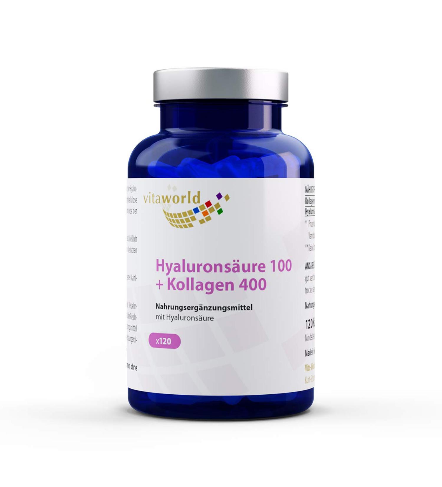 Vita World Pack of 3 Hyaluronic Acid 100 mg + Collagen 400 mg 360 Capsules Made in Germany - Buy Online on GoSupps.com