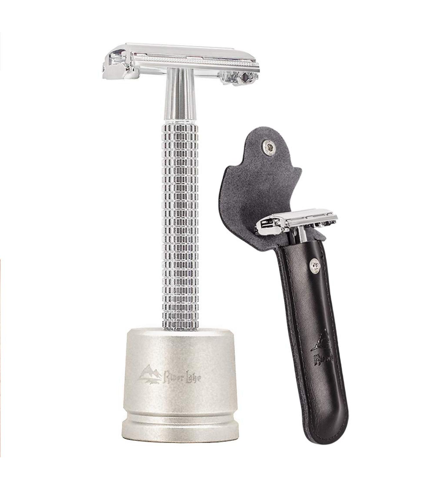 Premium Chrome Long Handle Butterfly Safety Razor Kit for Men Double Edge Shaver with Leather Case & Stand | International Shipping Available - Buy Online on GoSupps.com