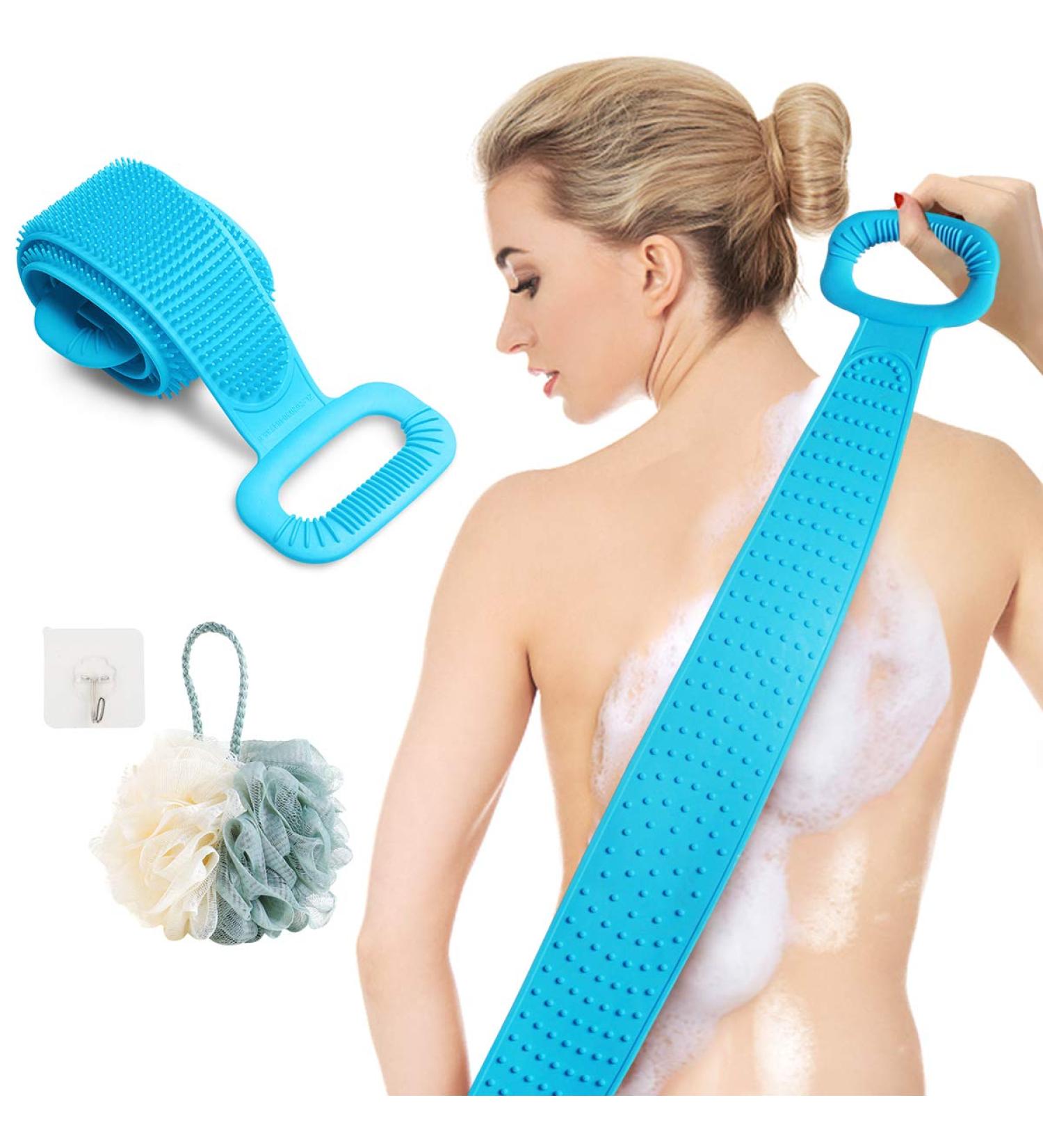 Silicone Bath Body Brush Back Scrubber - Exfoliating Double Side Bath Belt for Men Women - Blue - Buy Online on GoSupps.com