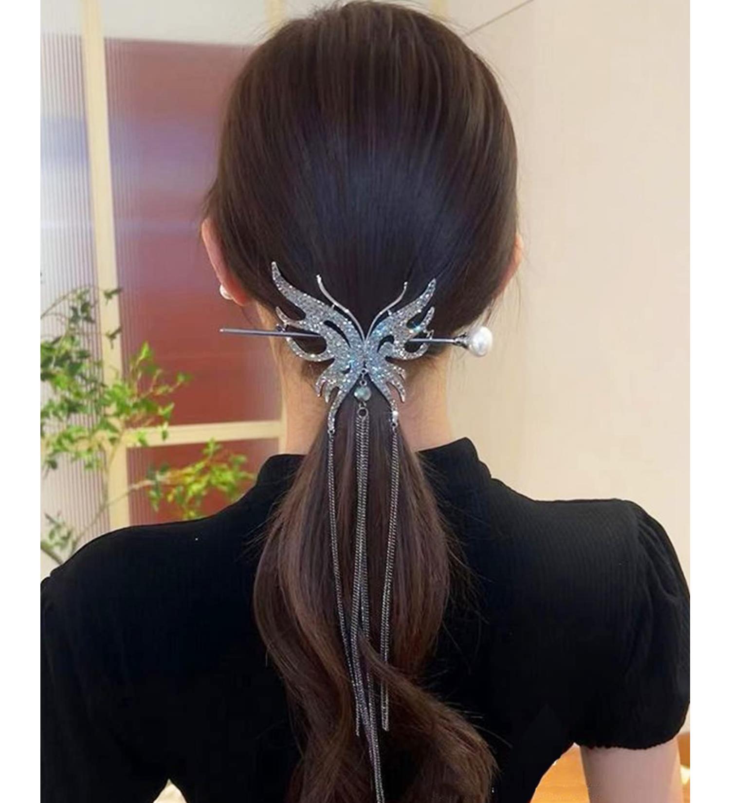 Metal Black Butterfly Hair Stick with Pearl | Hair Chopsticks Chignon Pin | Chinese Hair Accessories for Women - Buy Online on GoSupps.com
