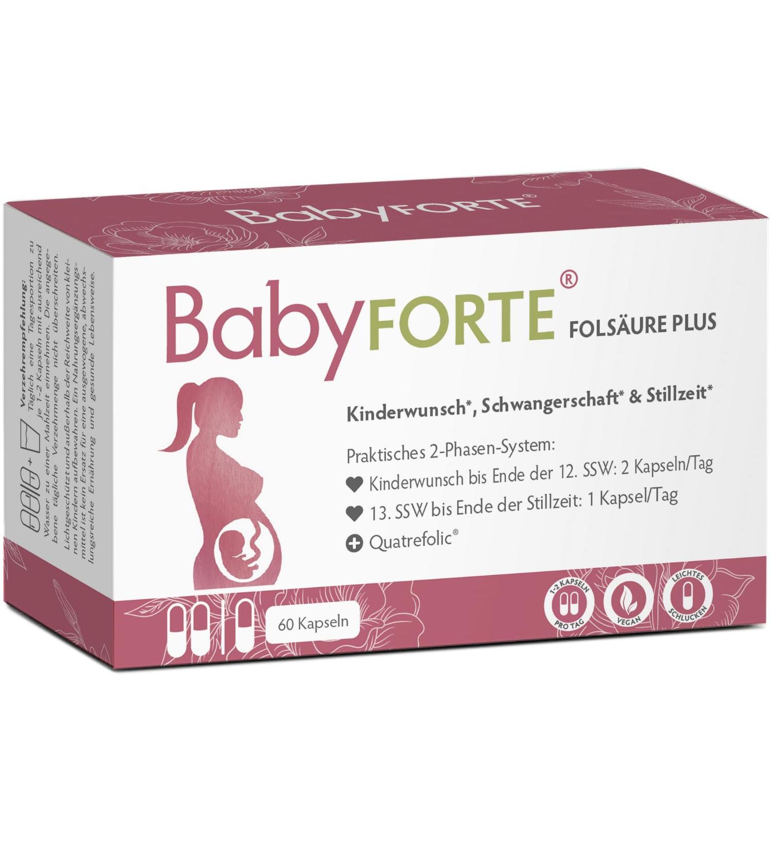 Baby Forte Folic Acid Plus Quatrefolic | Vegan 60 Capsules | 16 Essential Pregnancy Vitamins for Women | Supports Fertility to Breastfeeding - Buy Online on GoSupps.com