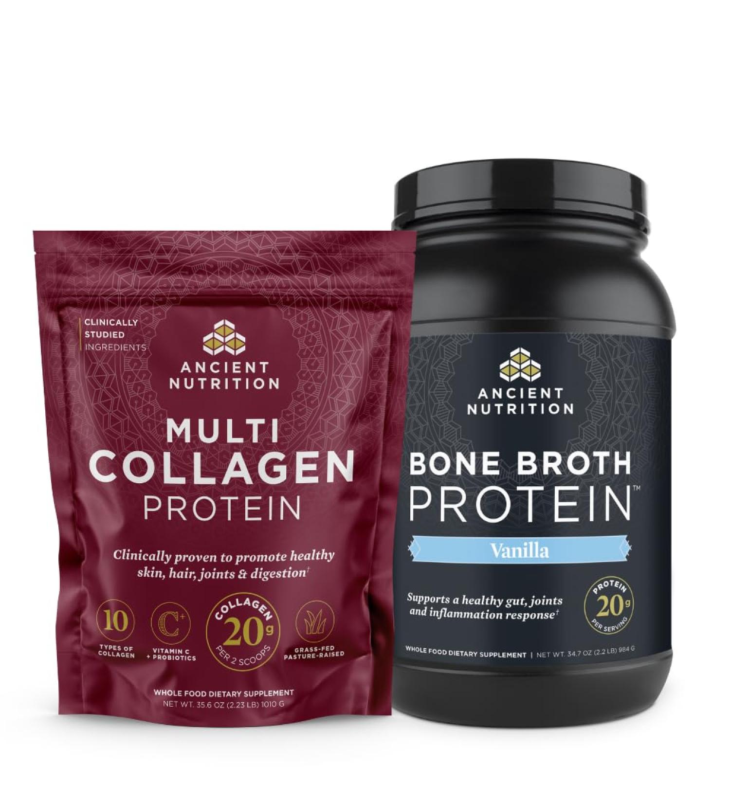 Ancient Nutrition Multi Collagen Protein Powder Unflavored 100 Servings + Bone Broth Protein Powder Vanilla 40 Servings - Buy Online on GoSupps.com