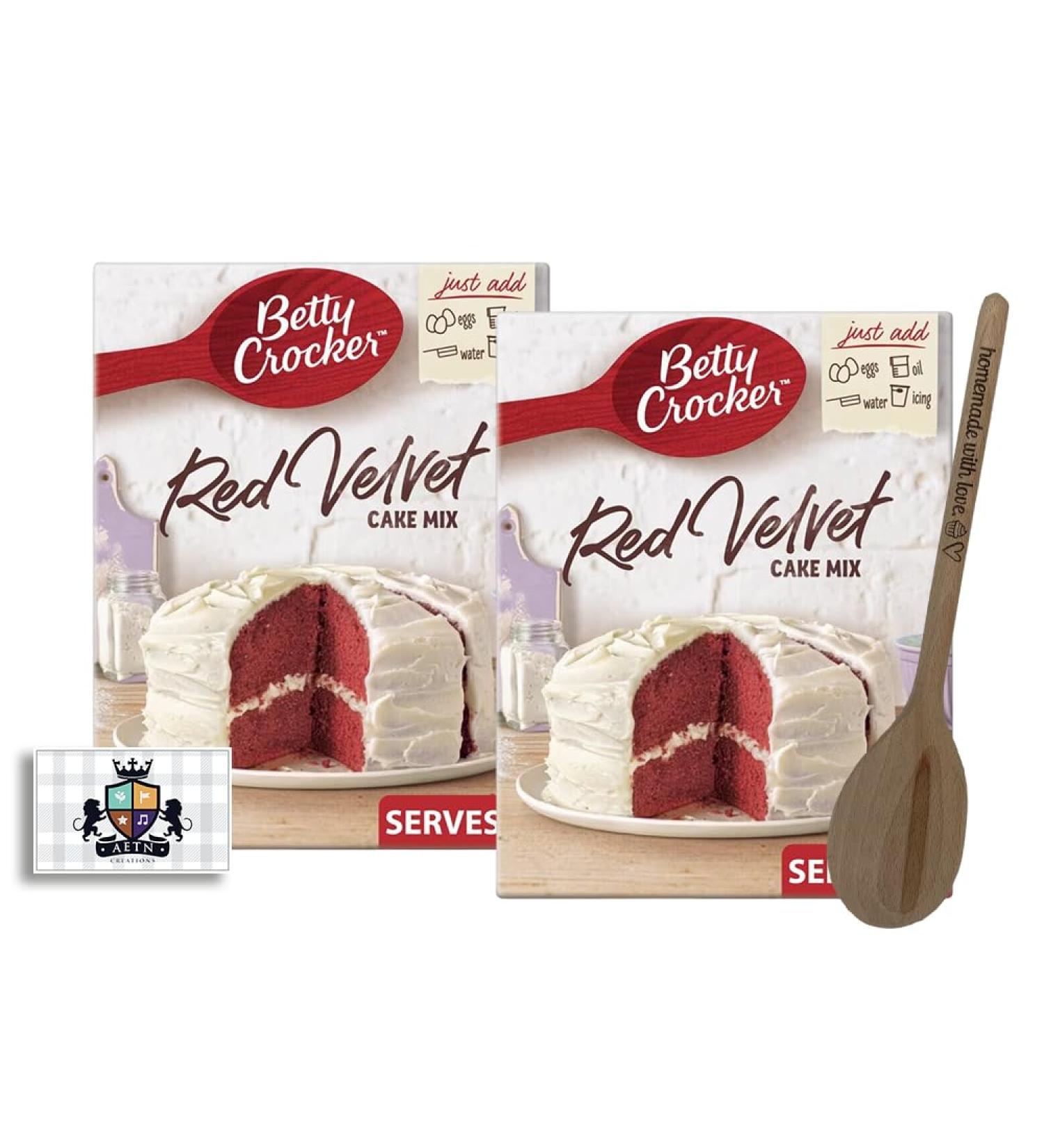 AETN Creations Red Velvet Baking Bundle 2 Packs of Betty Crocker Red Velvet Chocolate Cake Mix 425G with AETN Homemade with Love Wooden Mixing Spoon - Buy Online on GoSupps.com