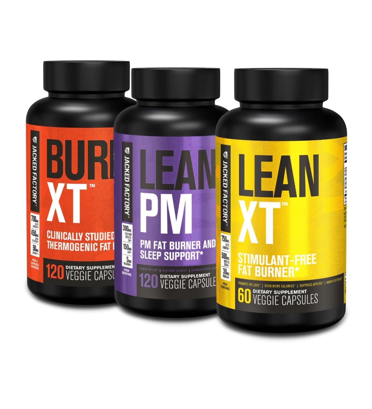 Jacked Factory Burn-XT Clinically Studied Thermogenic Fat Burner (120 Capsules) Lean PM Nighttime Fat Burner and Sleep Aid (120 Capsules) Lean-XT Caffeine-Free Weight Loss Supplement (60 Capsules) - Buy Online on GoSupps.com